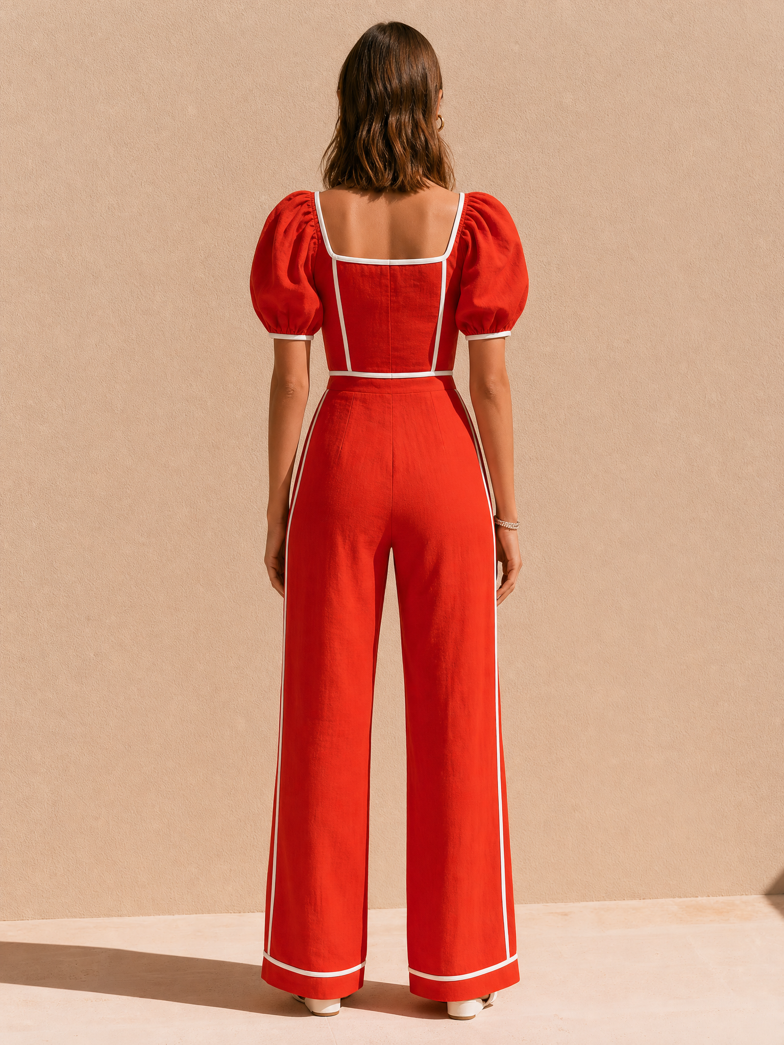 Red Linen Puff-sleeve  jumpsuit With White Piping.