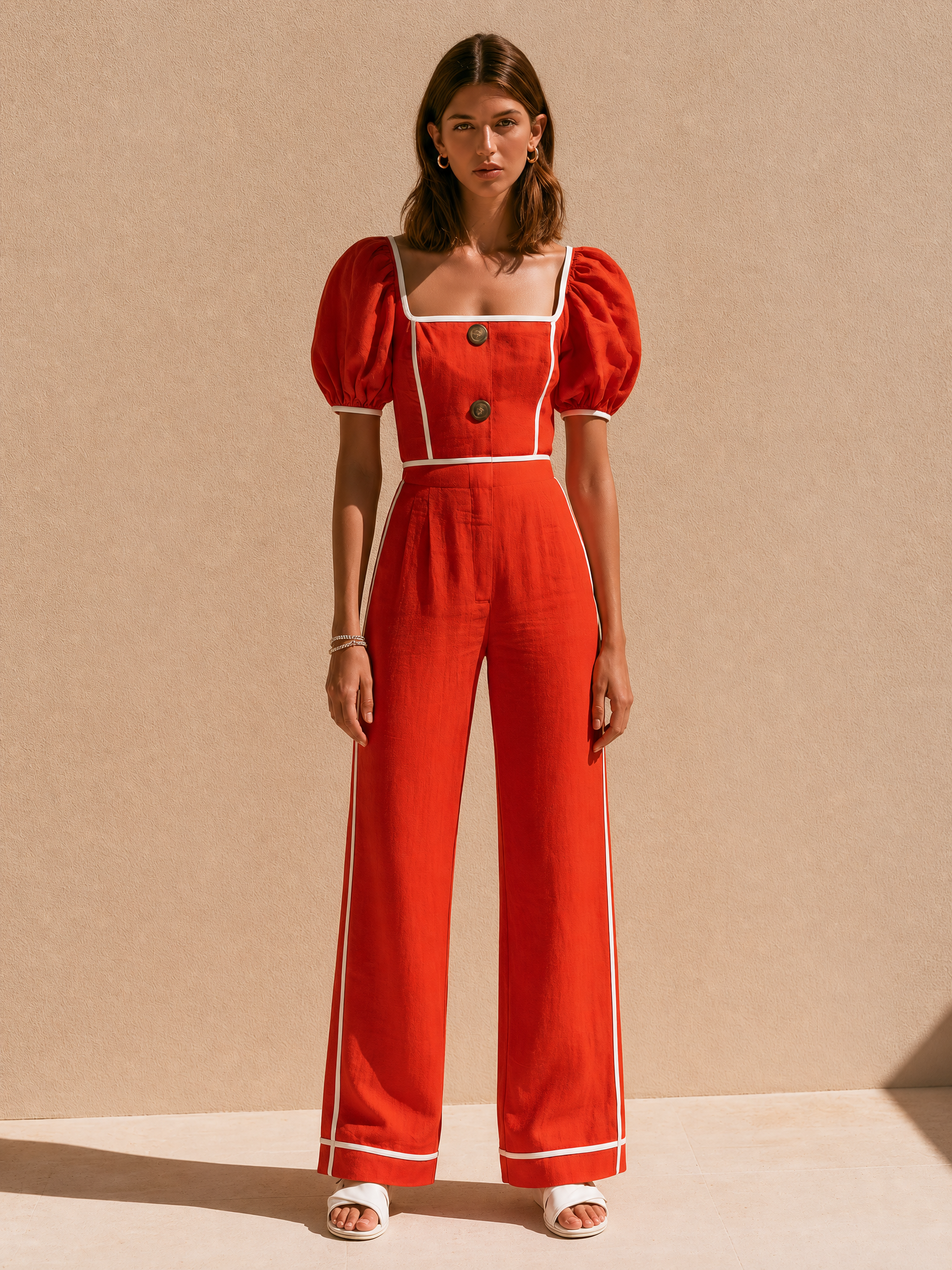 Red Linen Puff-sleeve  jumpsuit With White Piping.