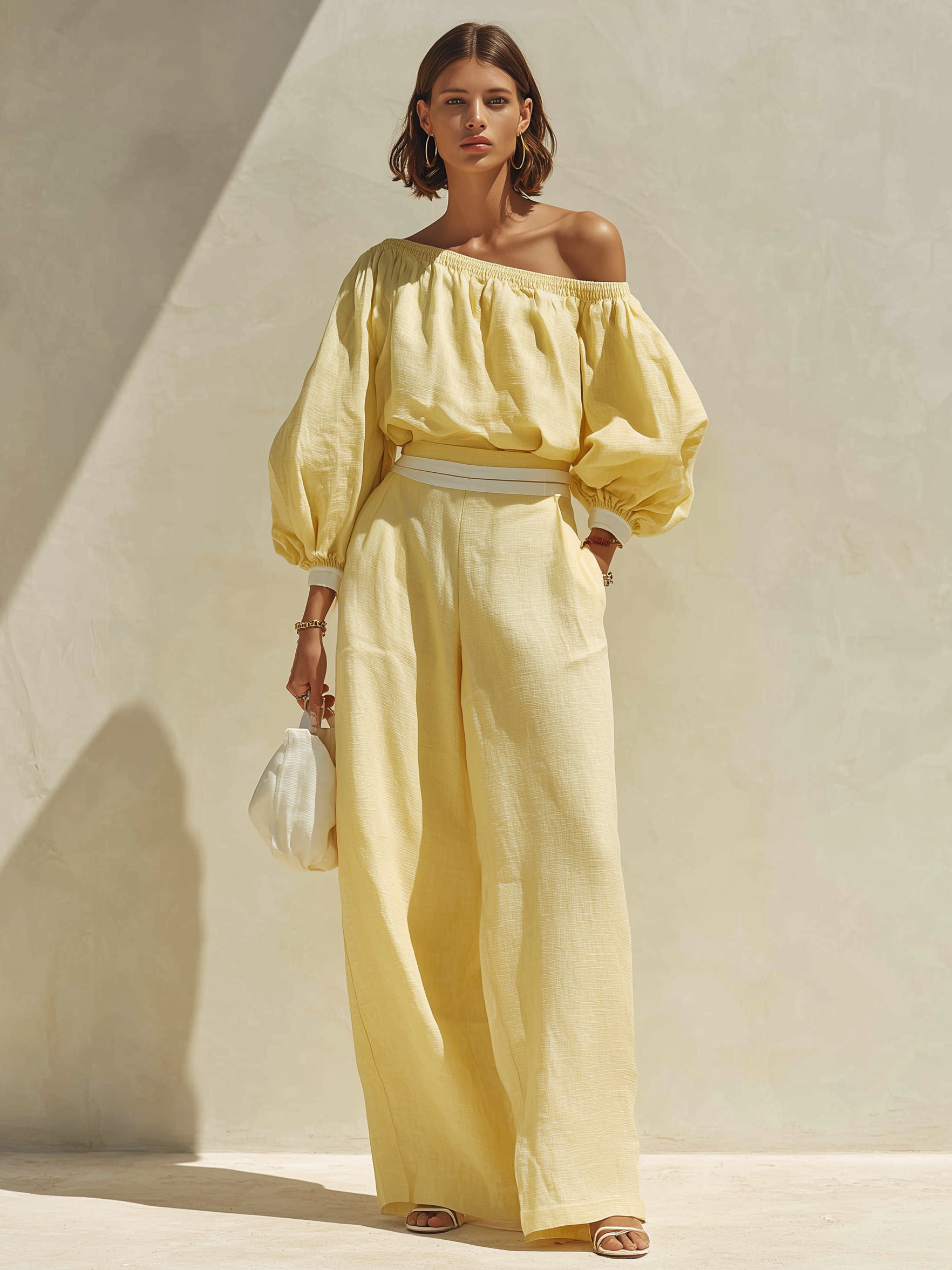 Pale Yellow One-shoulder Linen Set