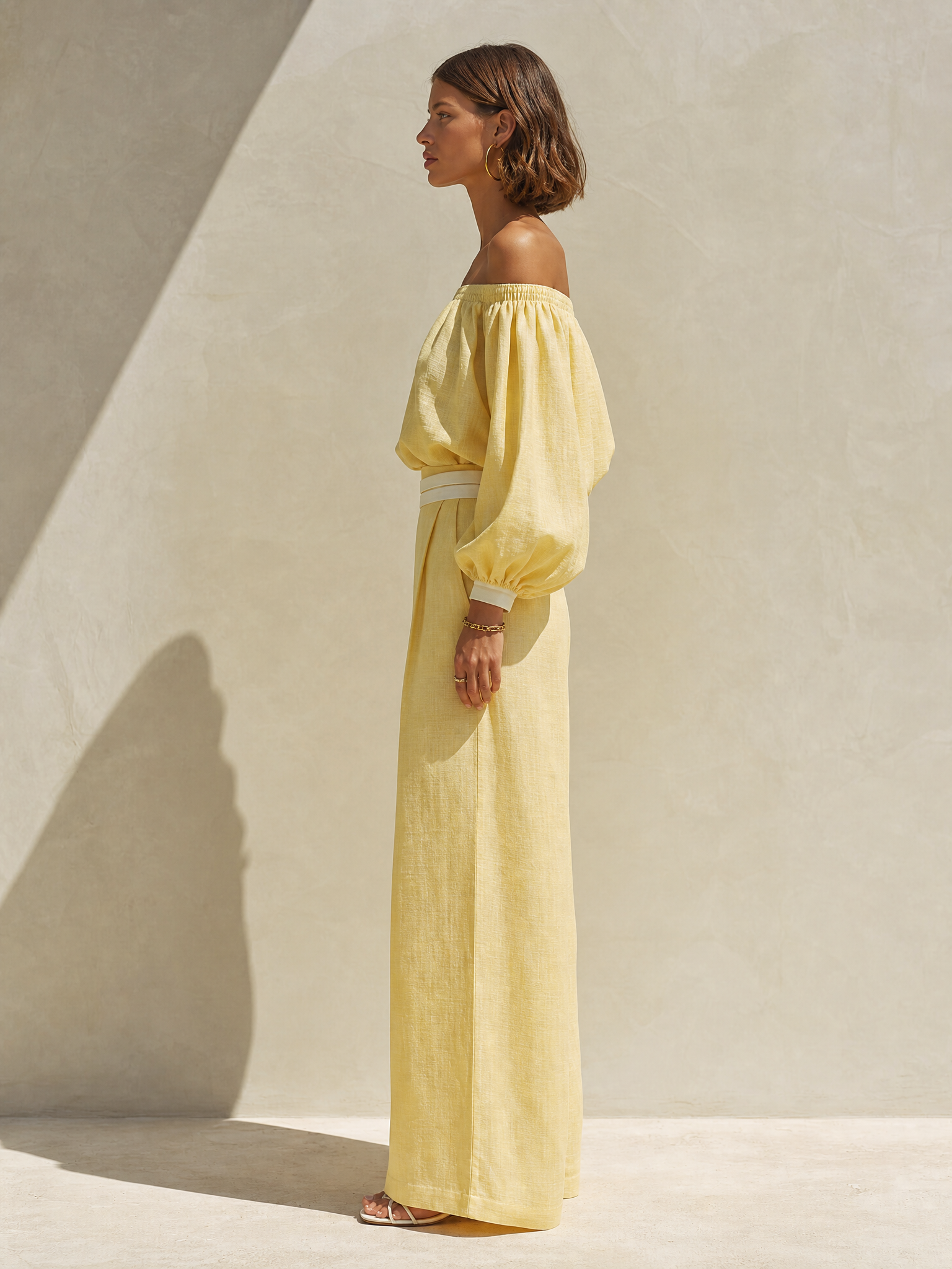 Pale Yellow One-shoulder Linen Set