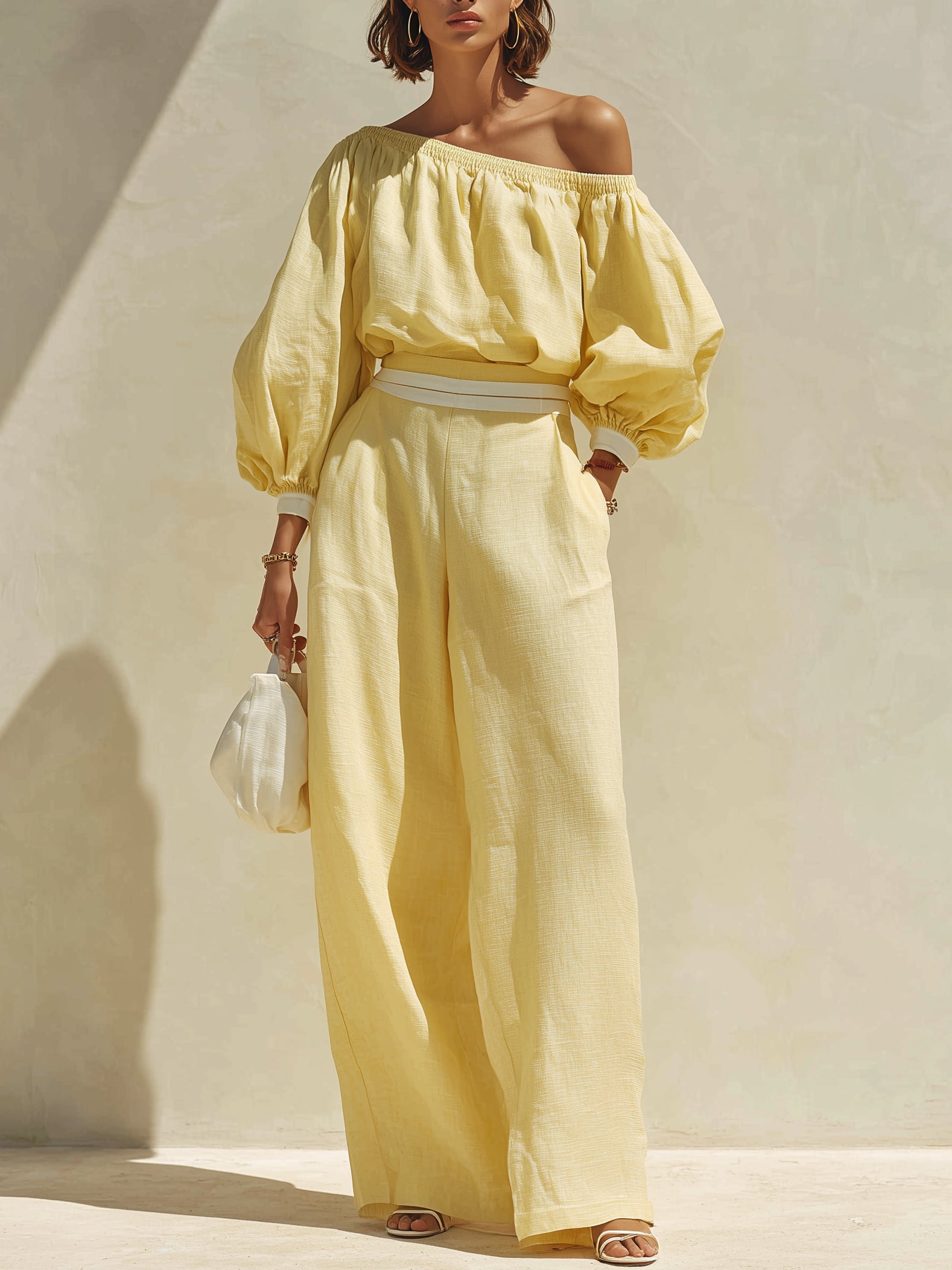 Pale Yellow One-shoulder Linen Set
