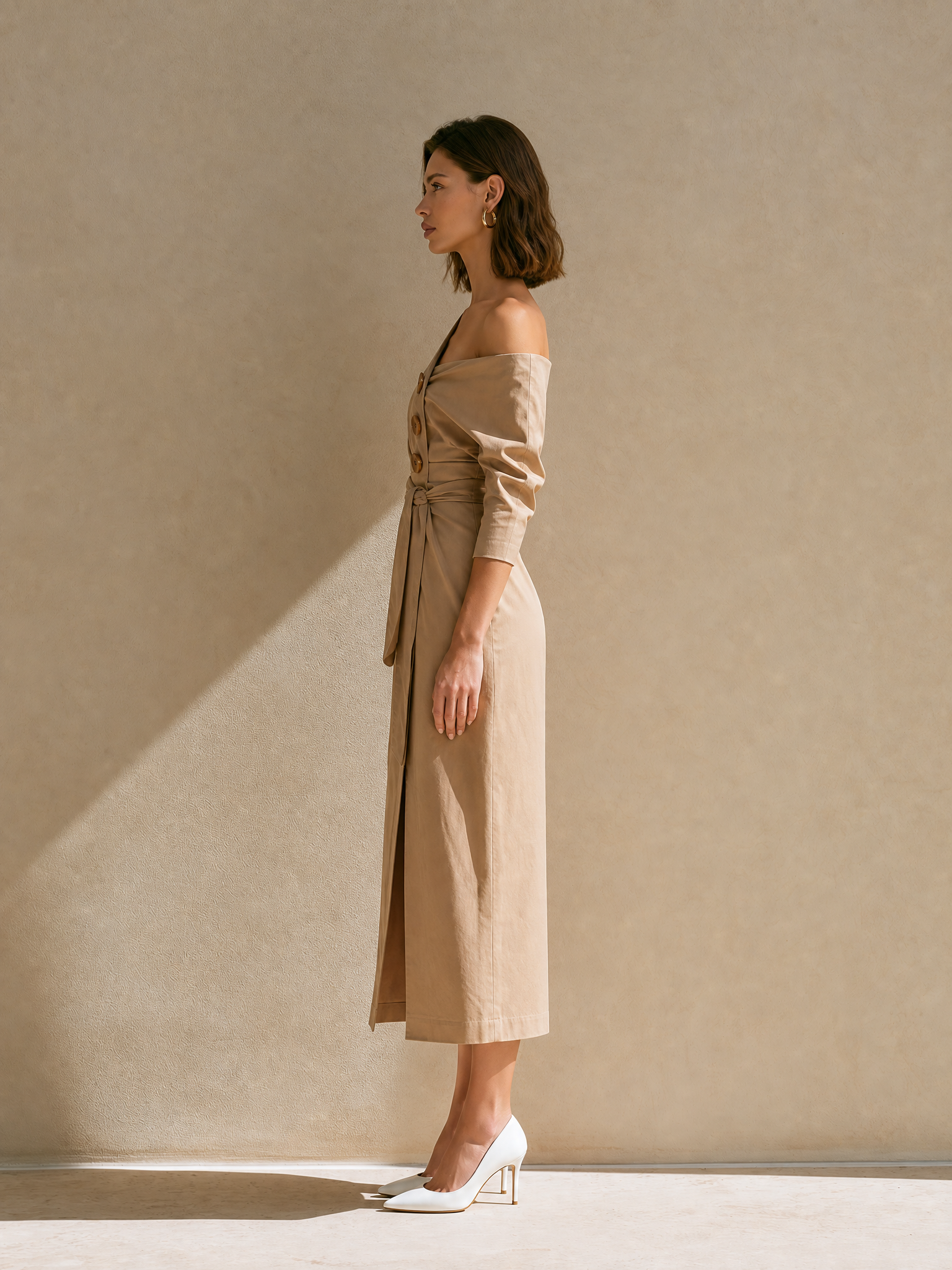 Light Brown One-shoulder Madi Dress With Button Detail
