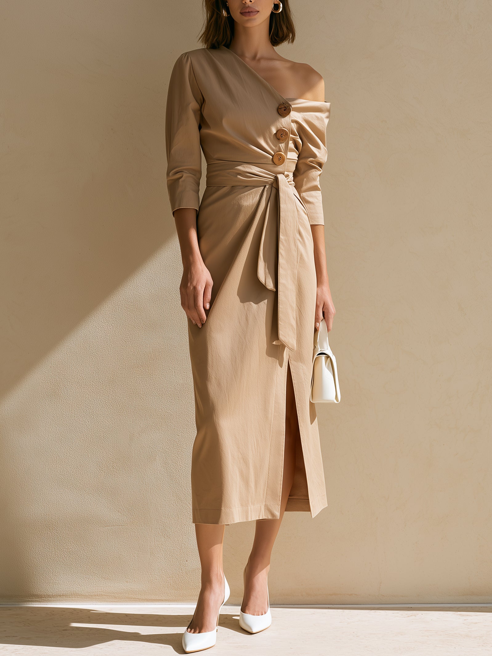 Light Brown One-shoulder Madi Dress With Button Detail