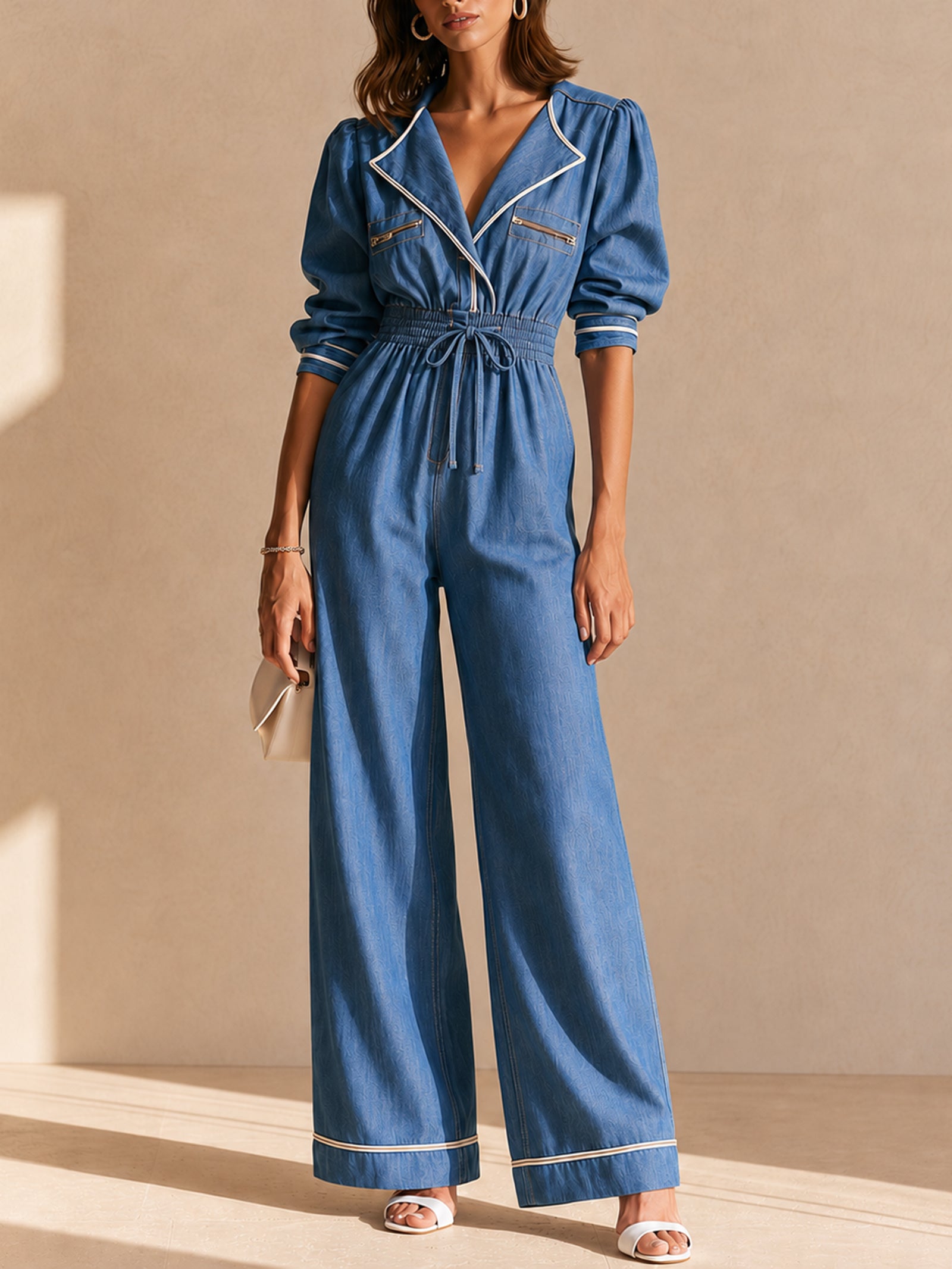 Denim V-neck short-sleeve jumpsuit