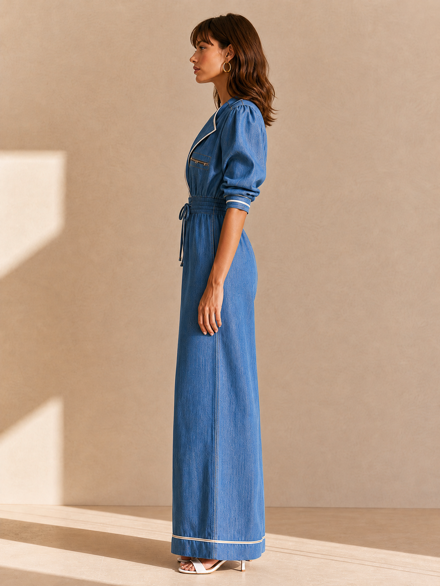 Denim V-neck short-sleeve jumpsuit