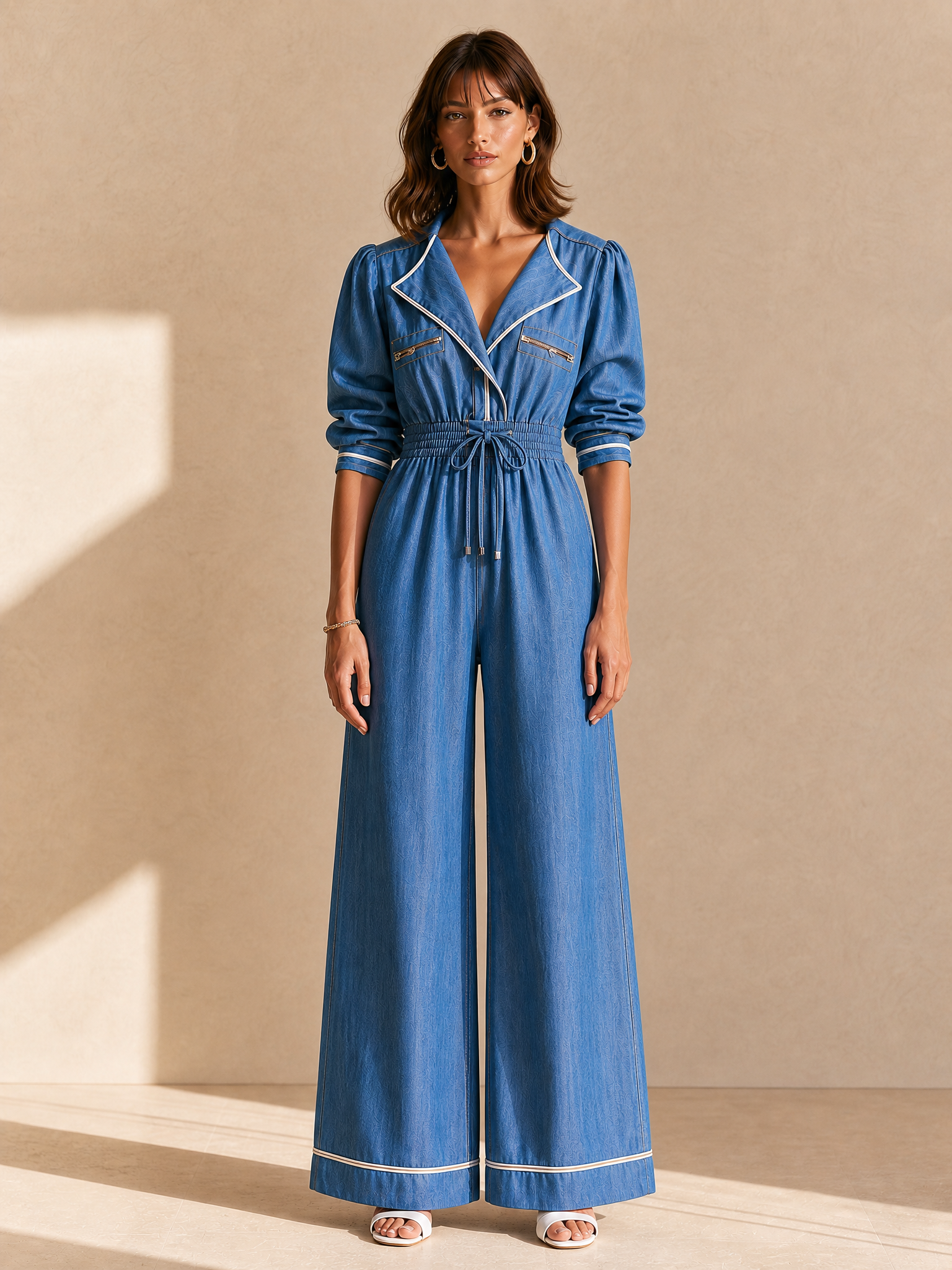 Denim V-neck short-sleeve jumpsuit