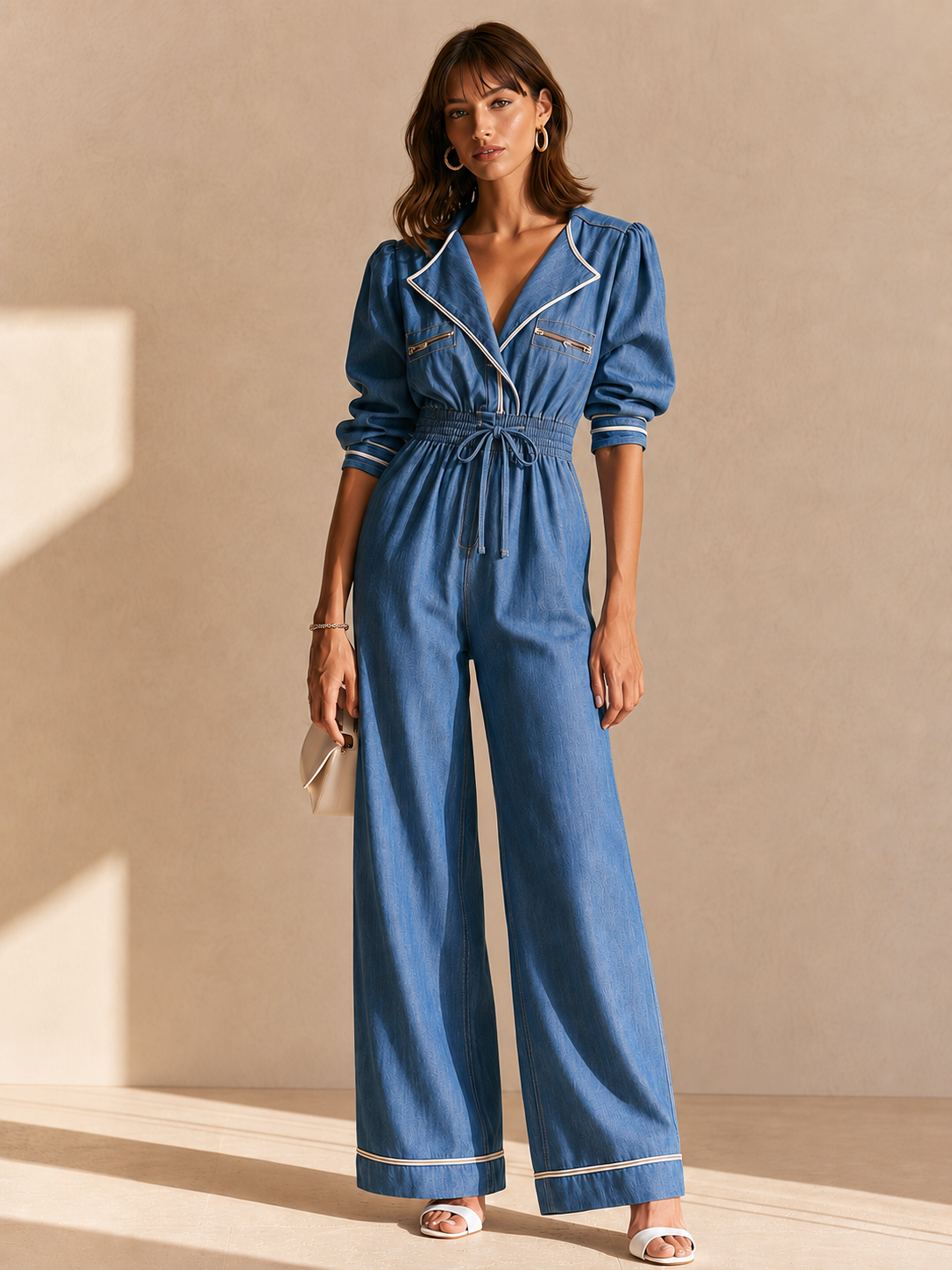 Denim V-neck short-sleeve jumpsuit