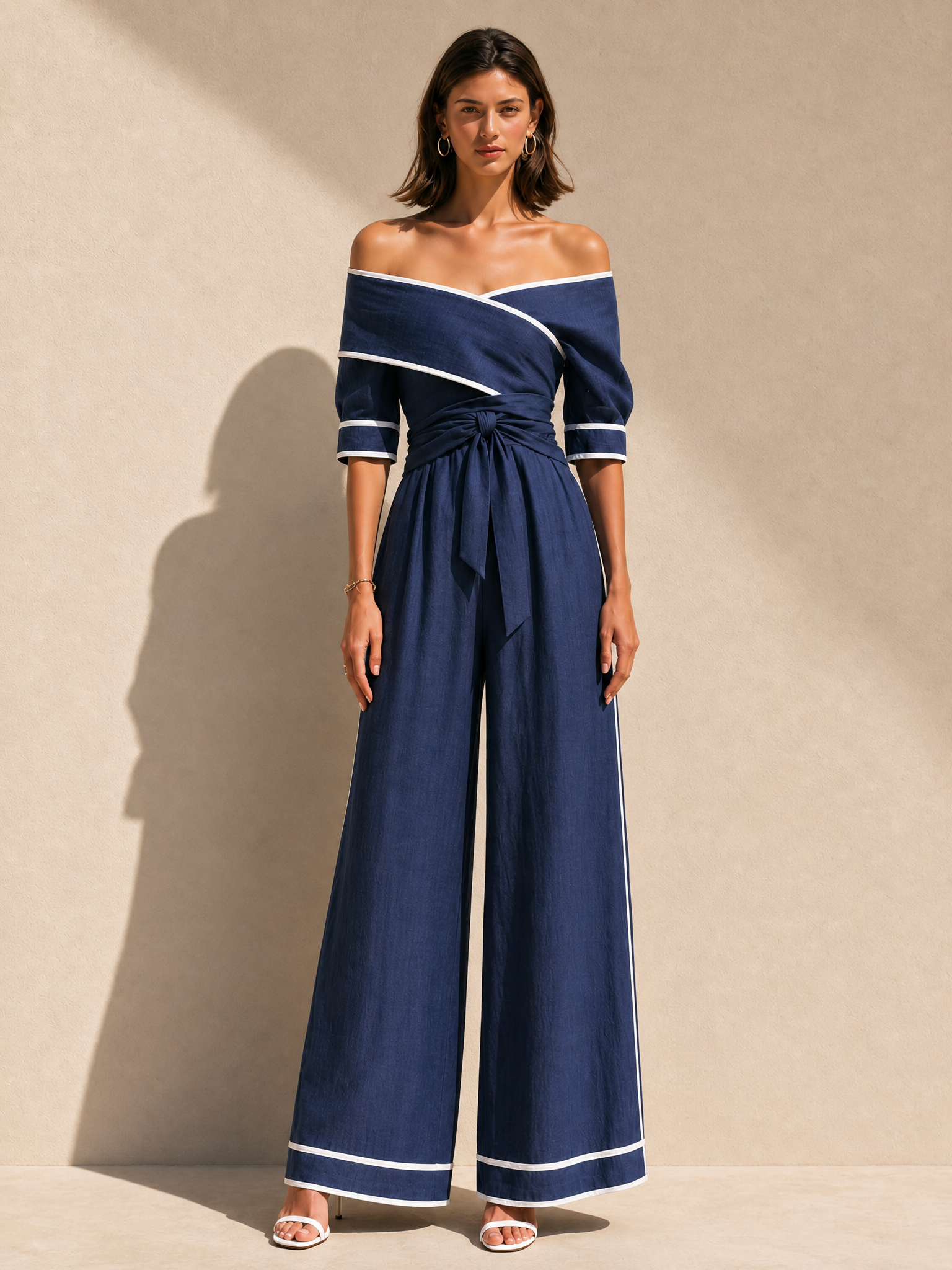 Navy Off-the-shoulder Linen Set