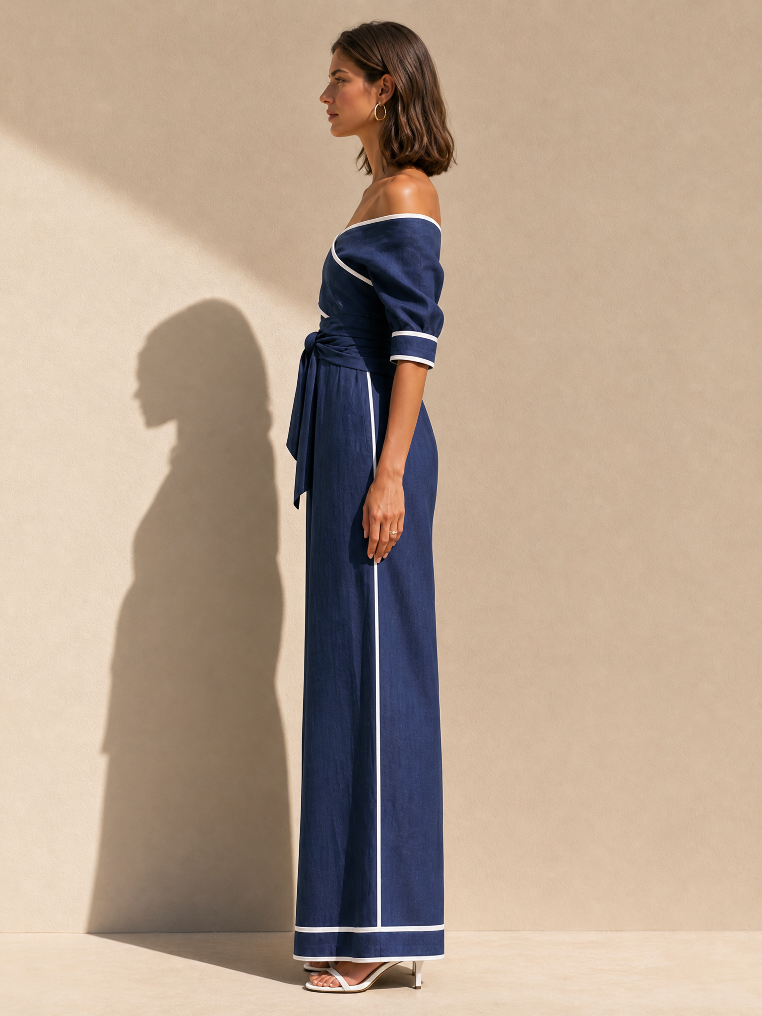 Navy Off-the-shoulder Linen Set