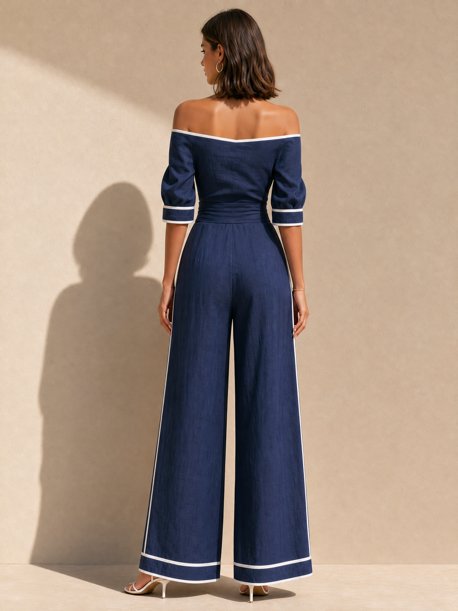 Navy Off-the-shoulder Linen Set