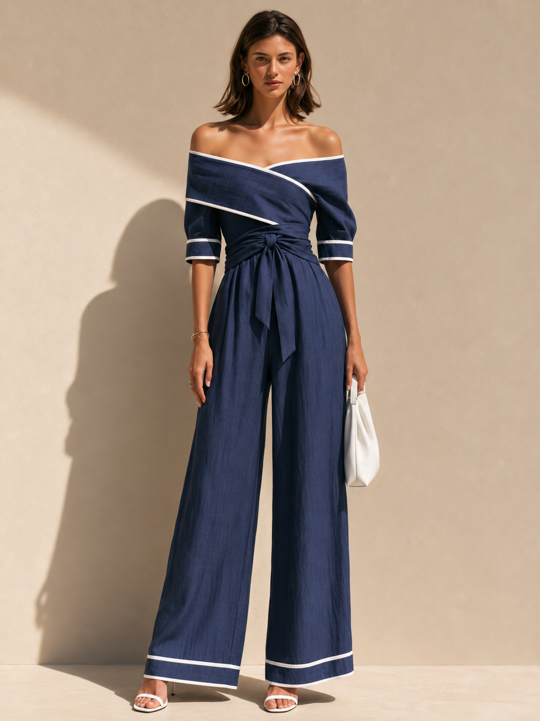 Navy Off-the-shoulder Linen Set