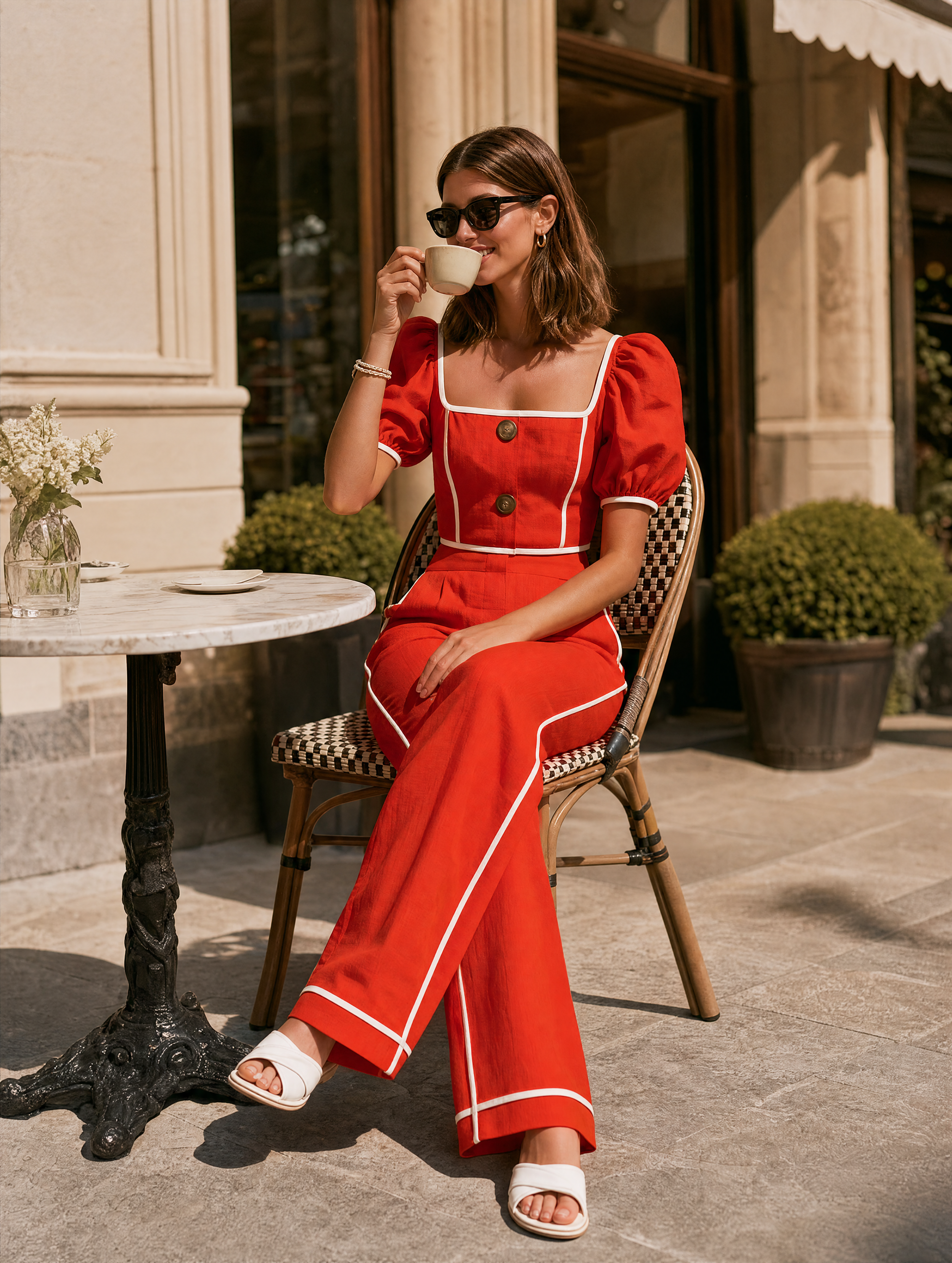 Red Linen Puff-sleeve  jumpsuit With White Piping.