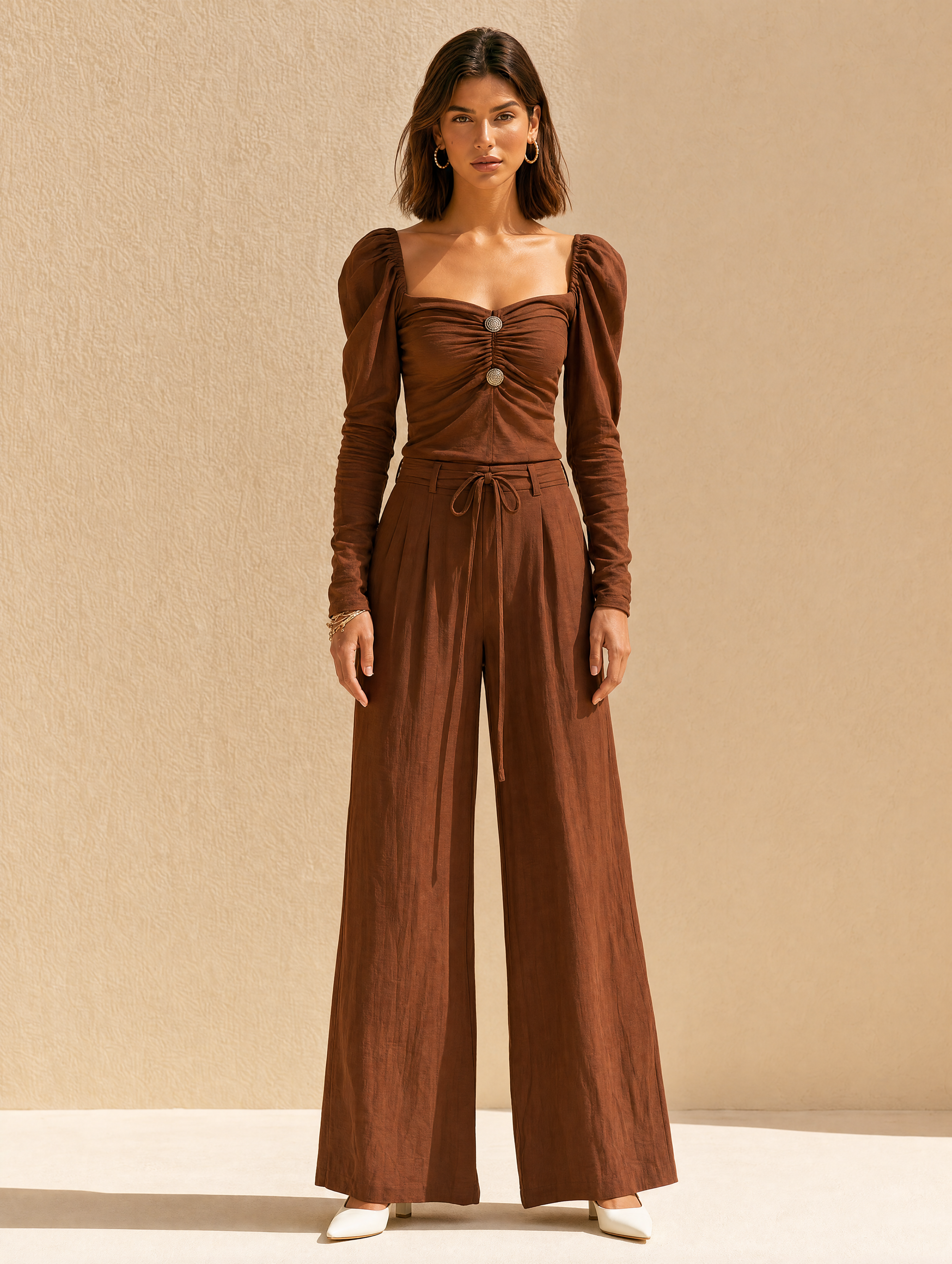 Brown Bubble-sleeve Linen Set