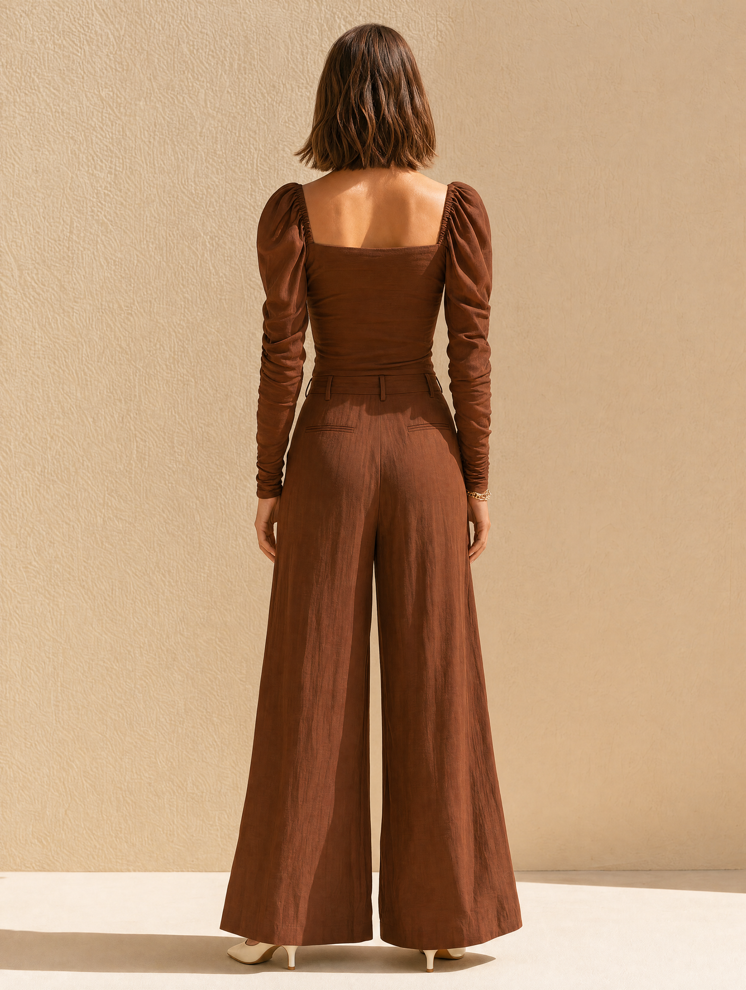 Brown Bubble-sleeve Linen Set