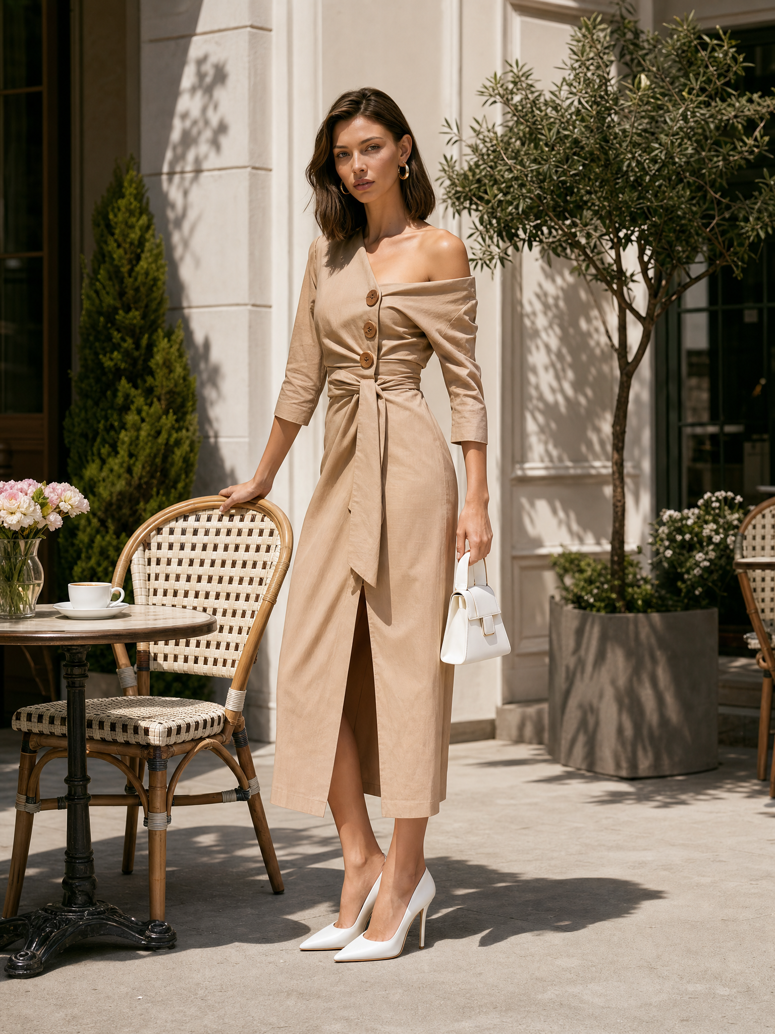 Light Brown One-shoulder Madi Dress With Button Detail