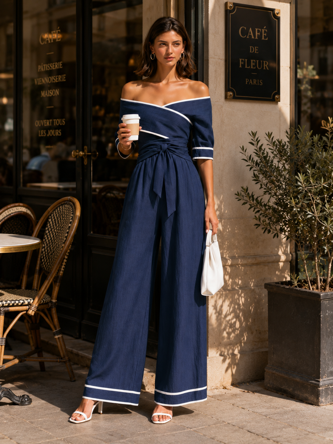 Navy Off-the-shoulder Linen Set