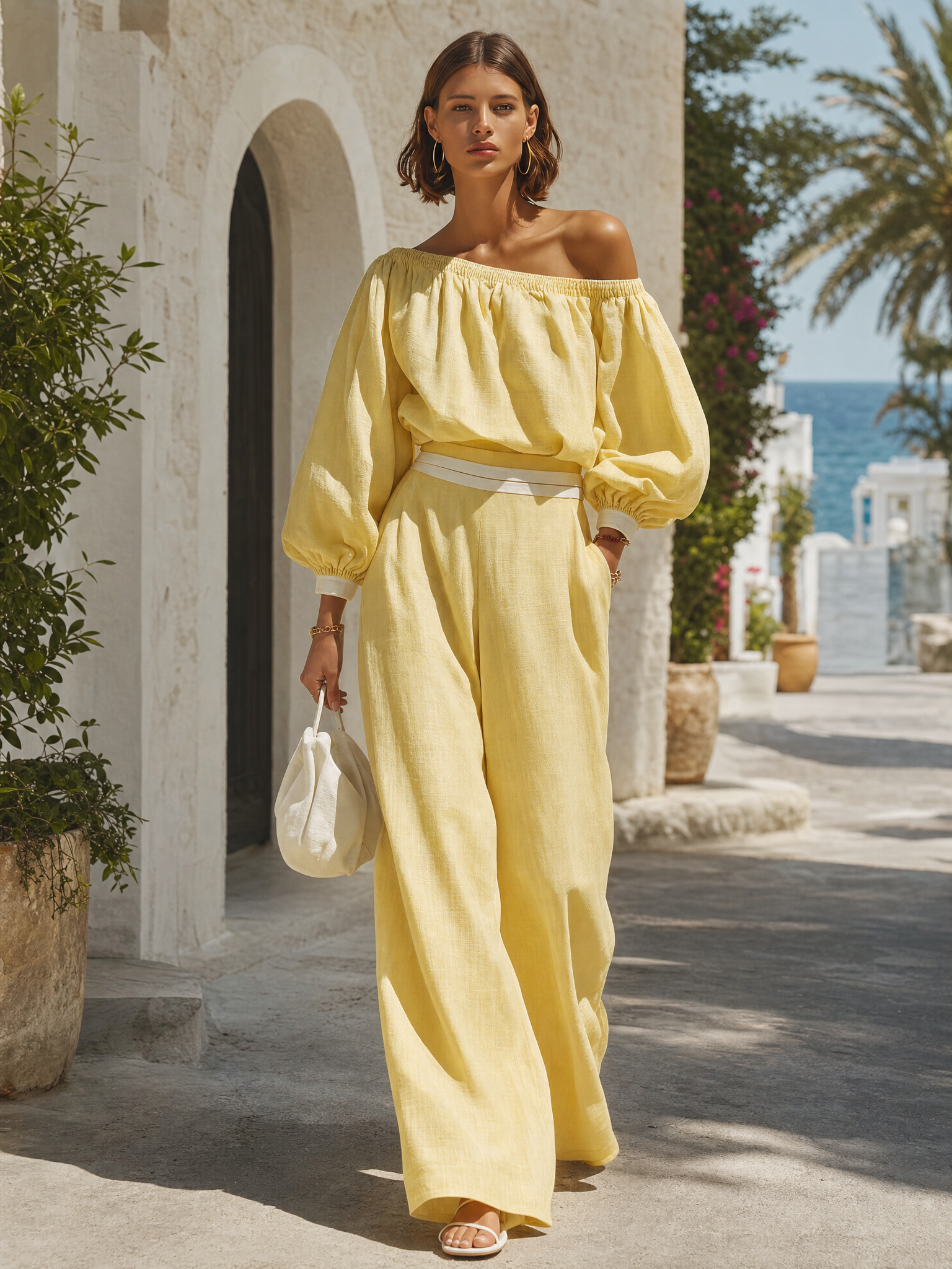 Pale Yellow One-shoulder Linen Set