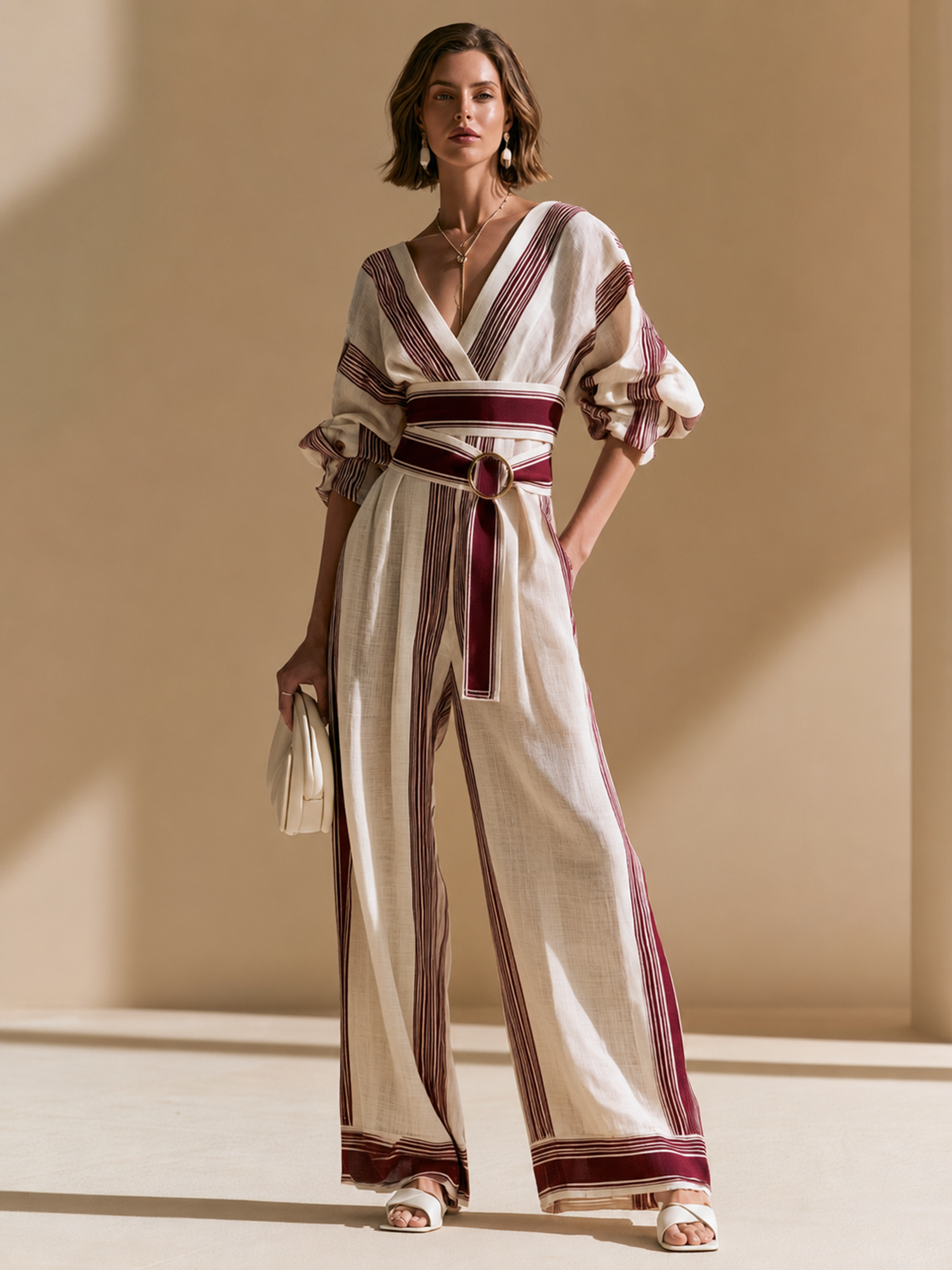 Elegant White And Burgundy Stripe Linen Blend Jumpsuit