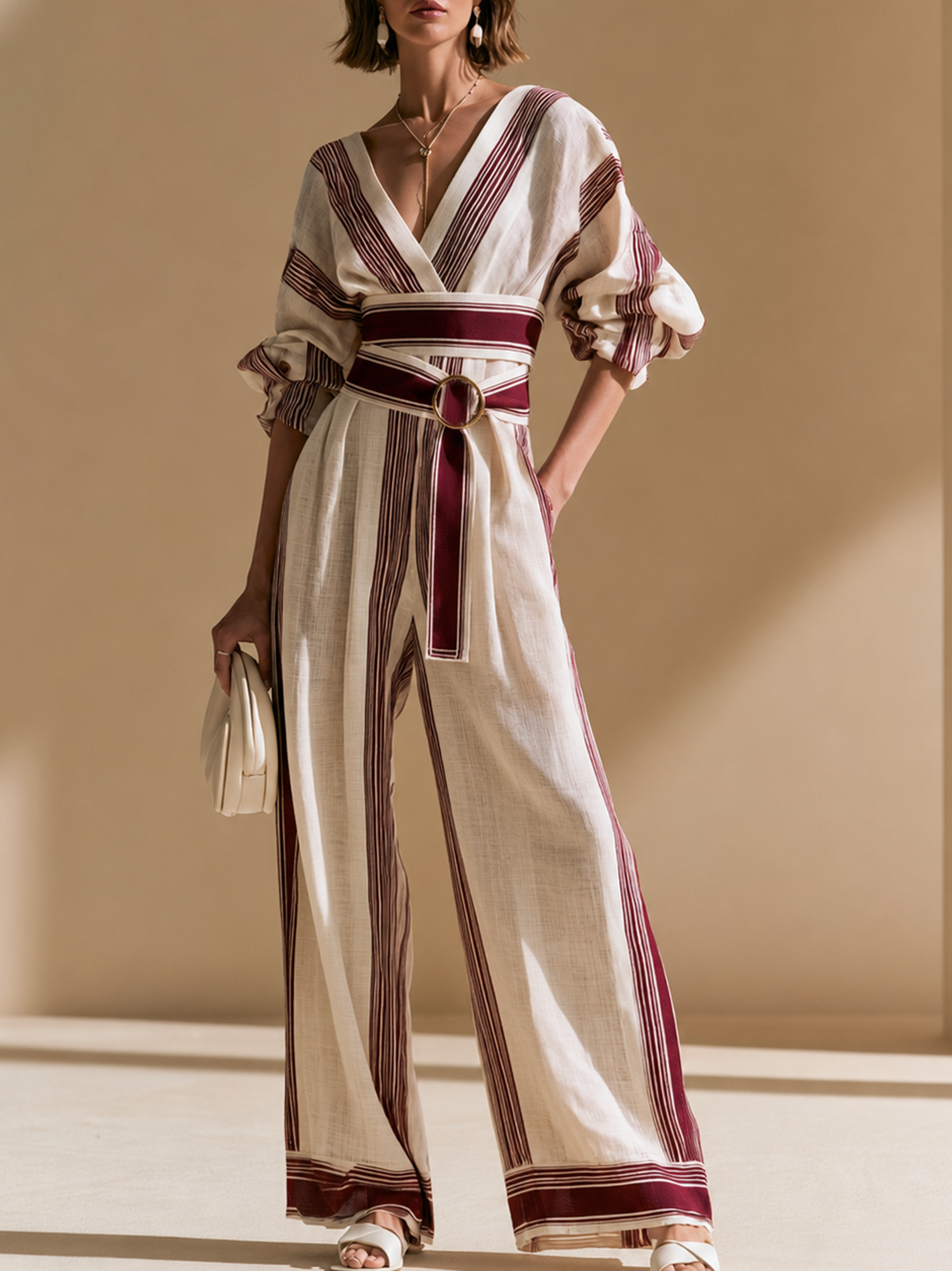 Elegant White And Burgundy Stripe Linen Blend Jumpsuit