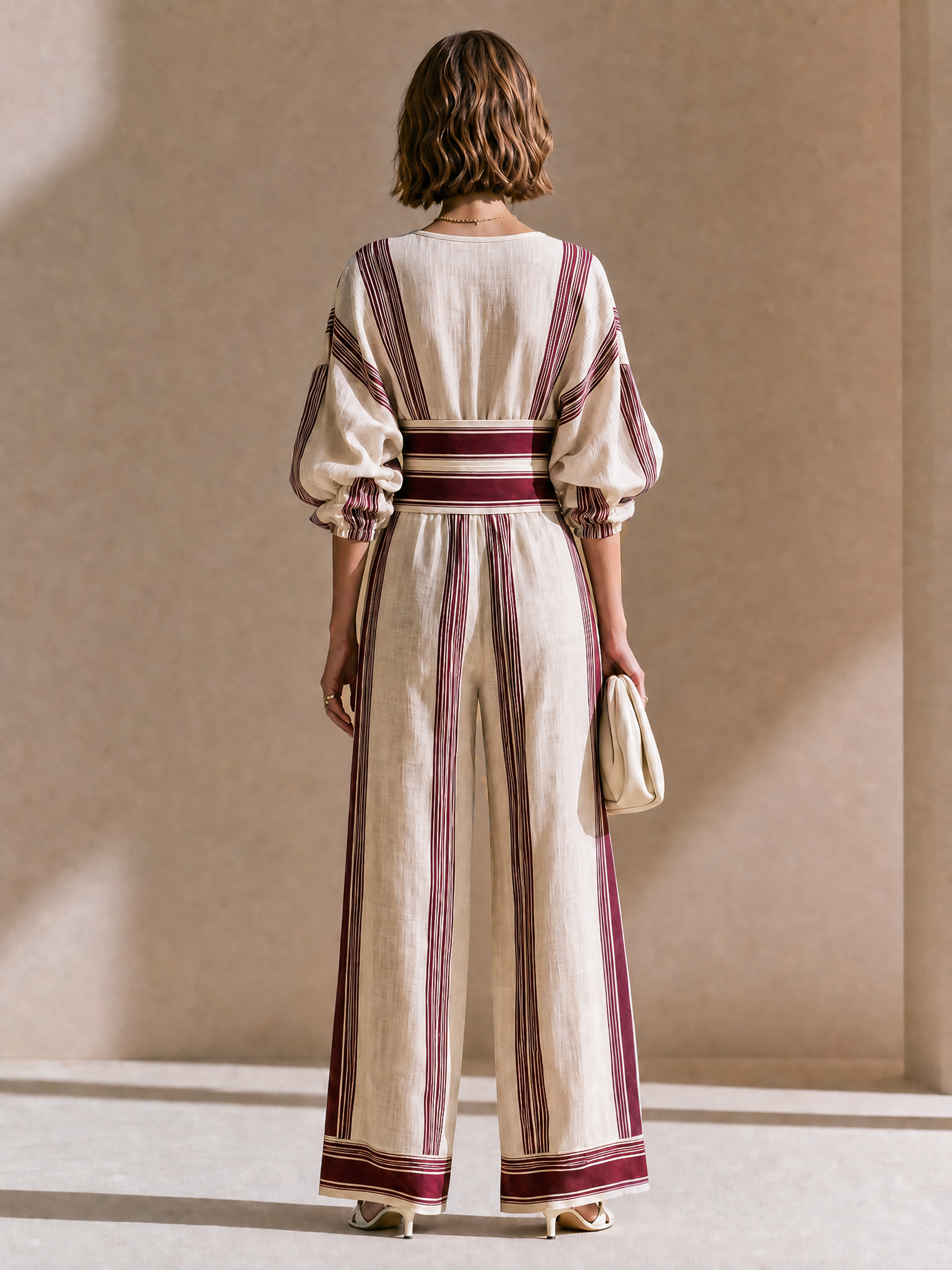 Elegant White And Burgundy Stripe Linen Blend Jumpsuit