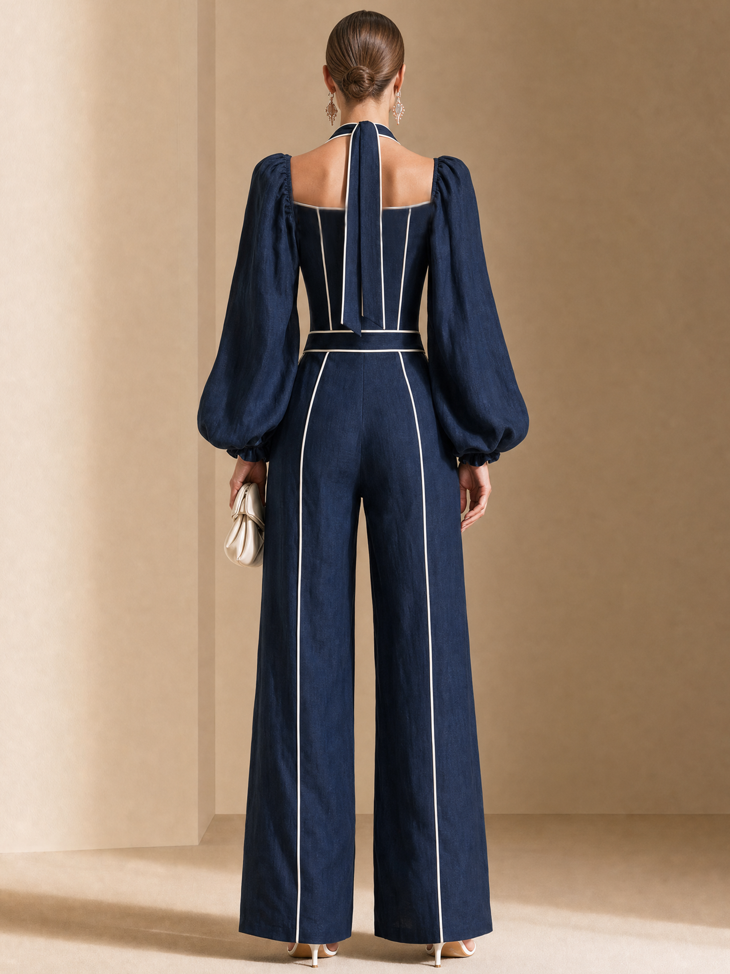 Elegant Navy Blue And White Contrast Linen Blend Halter Jumpsuit