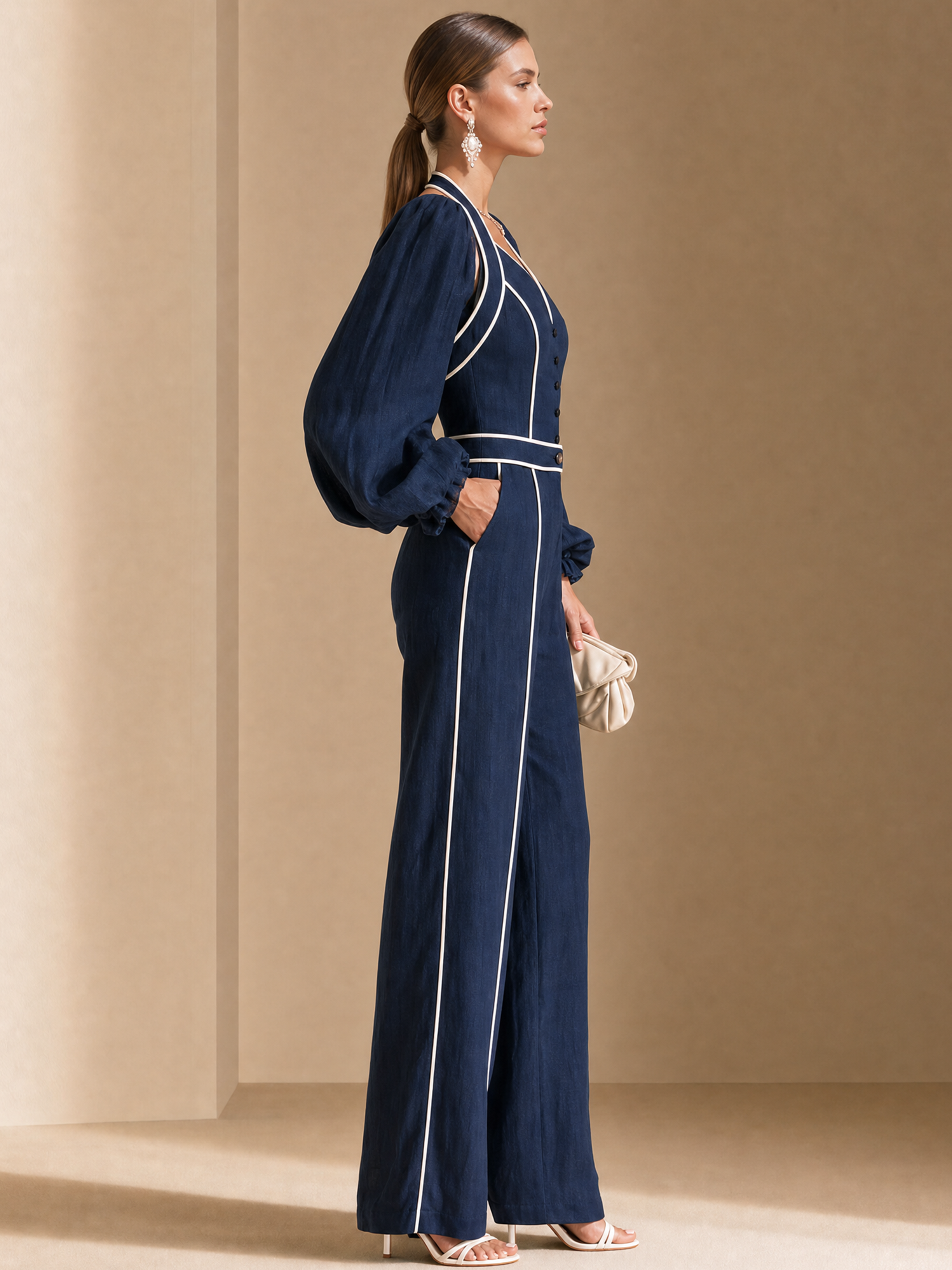 Elegant Navy Blue And White Contrast Linen Blend Halter Jumpsuit