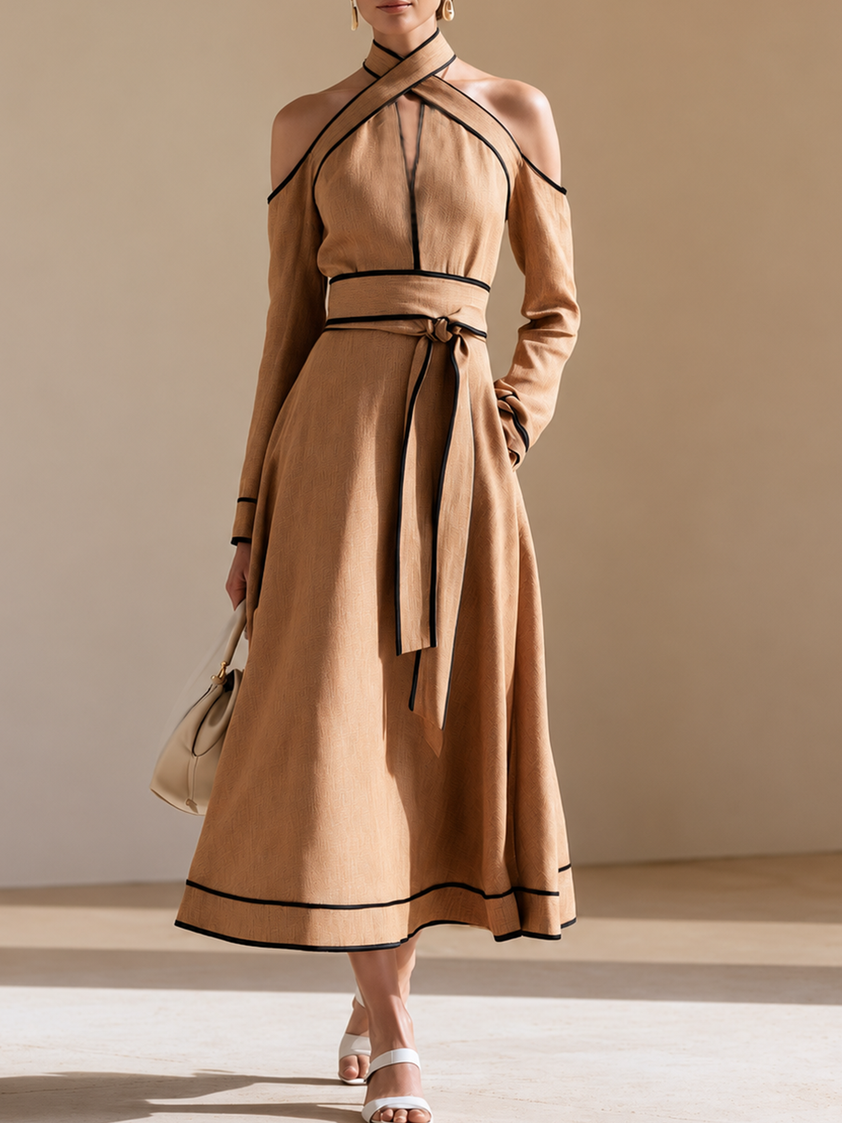 Elegant Khaki Linen Blend Halter Neck Long Sleeve Maxi Dress