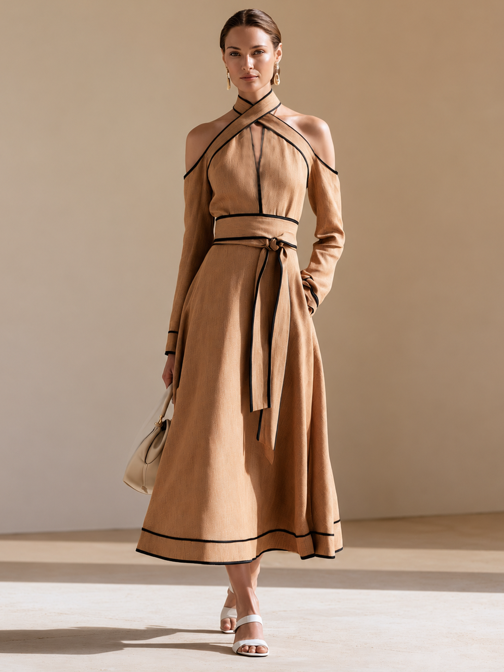 Elegant Khaki Linen Blend Halter Neck Long Sleeve Maxi Dress