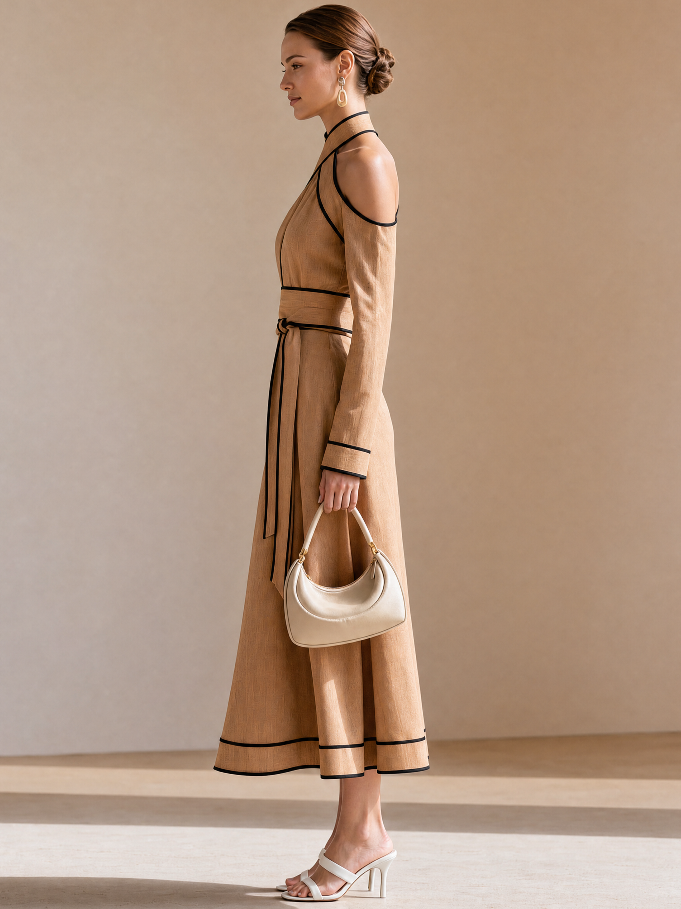 Elegant Khaki Linen Blend Halter Neck Long Sleeve Maxi Dress