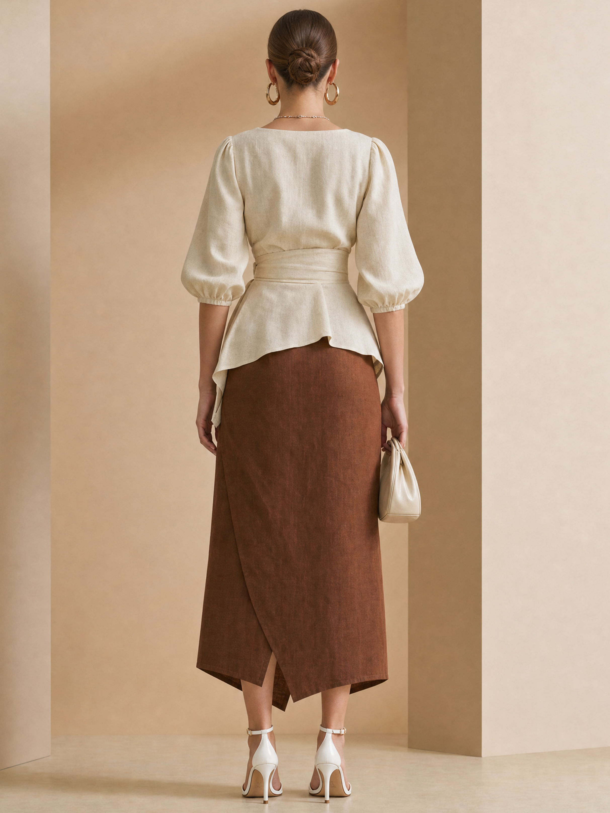 Elegant White Linen Blend Wrap Top And Brown Asymmetric Midi Skirt Set