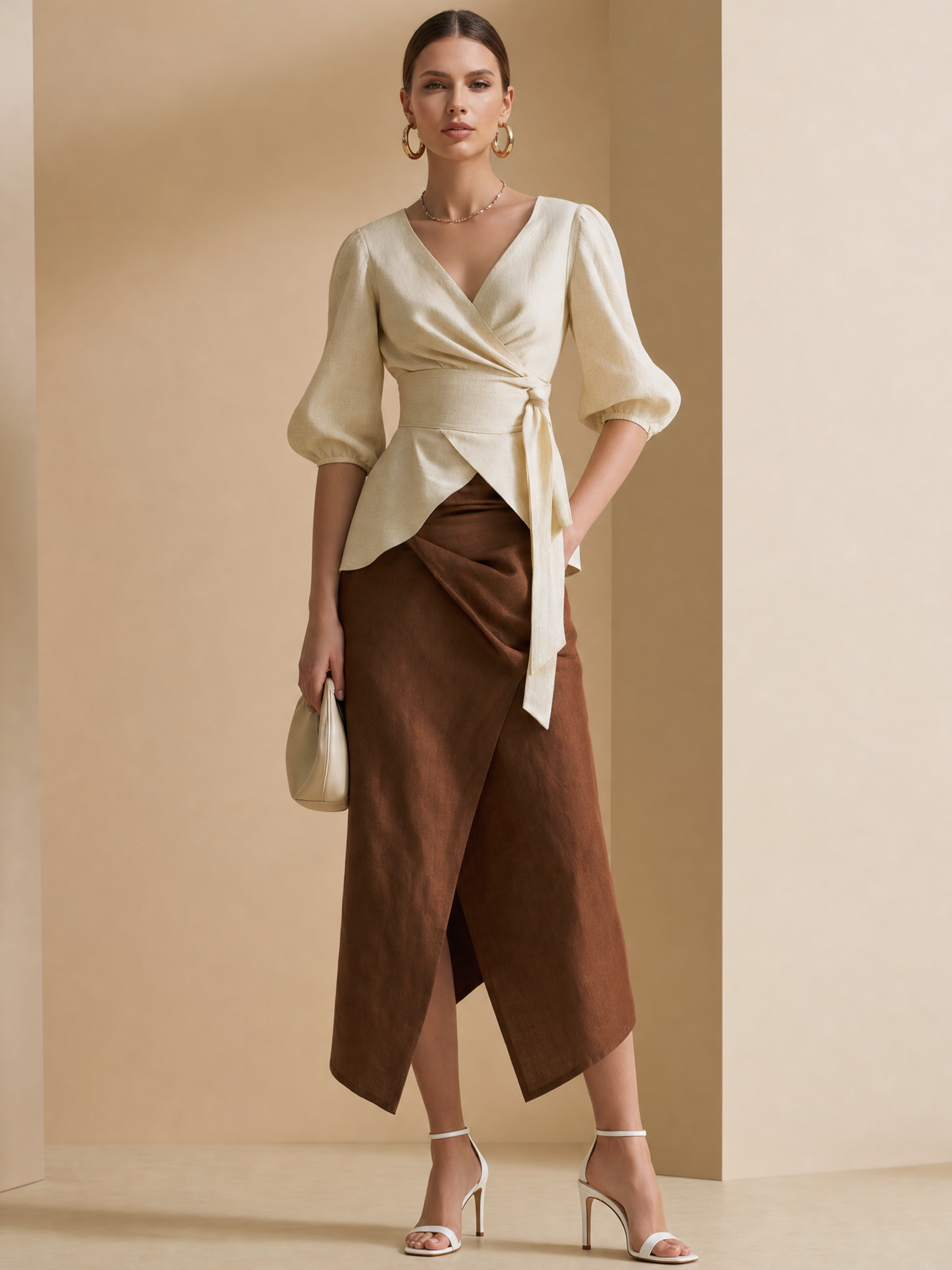Elegant White Linen Blend Wrap Top And Brown Asymmetric Midi Skirt Set