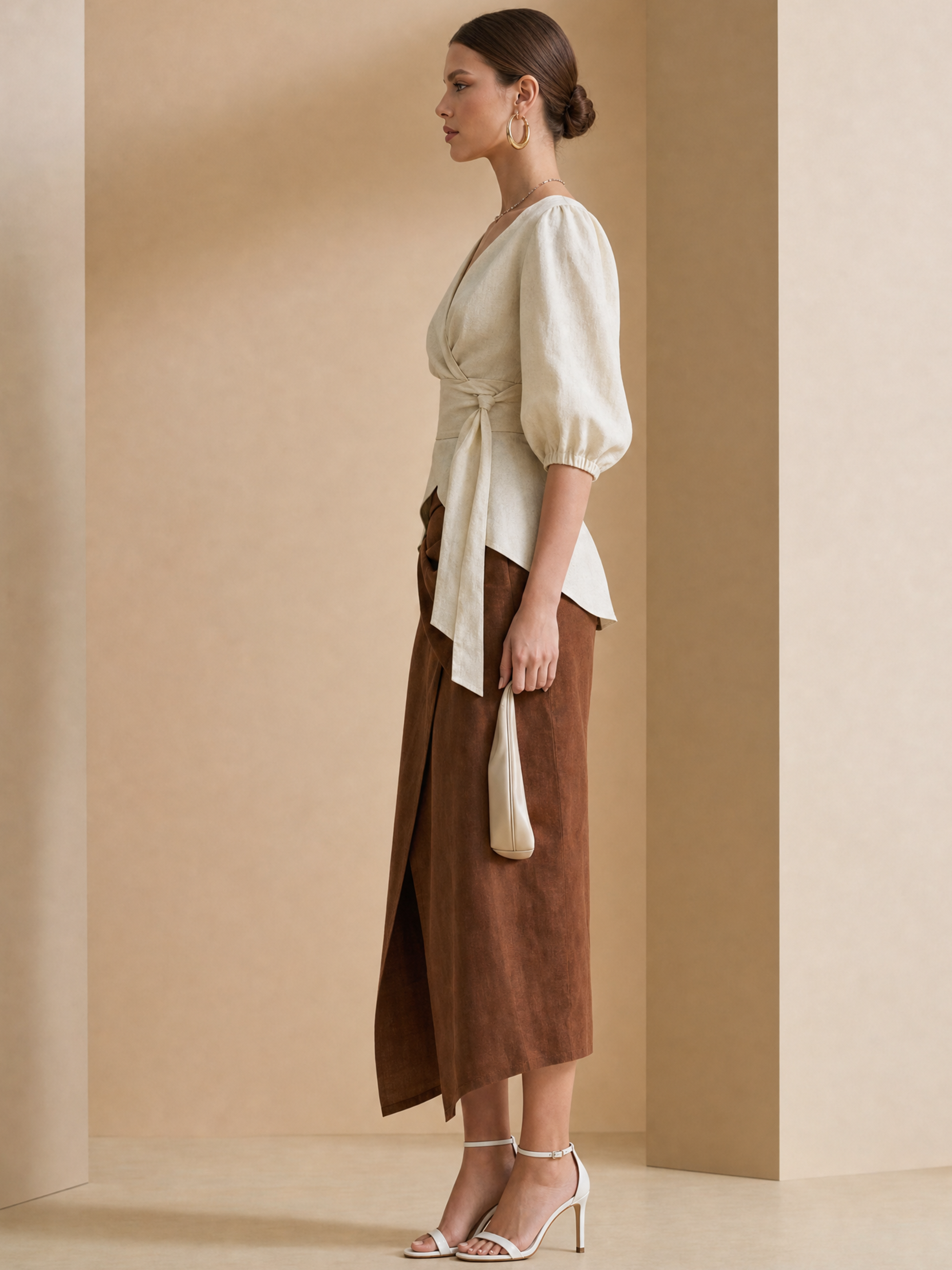 Elegant White Linen Blend Wrap Top And Brown Asymmetric Midi Skirt Set