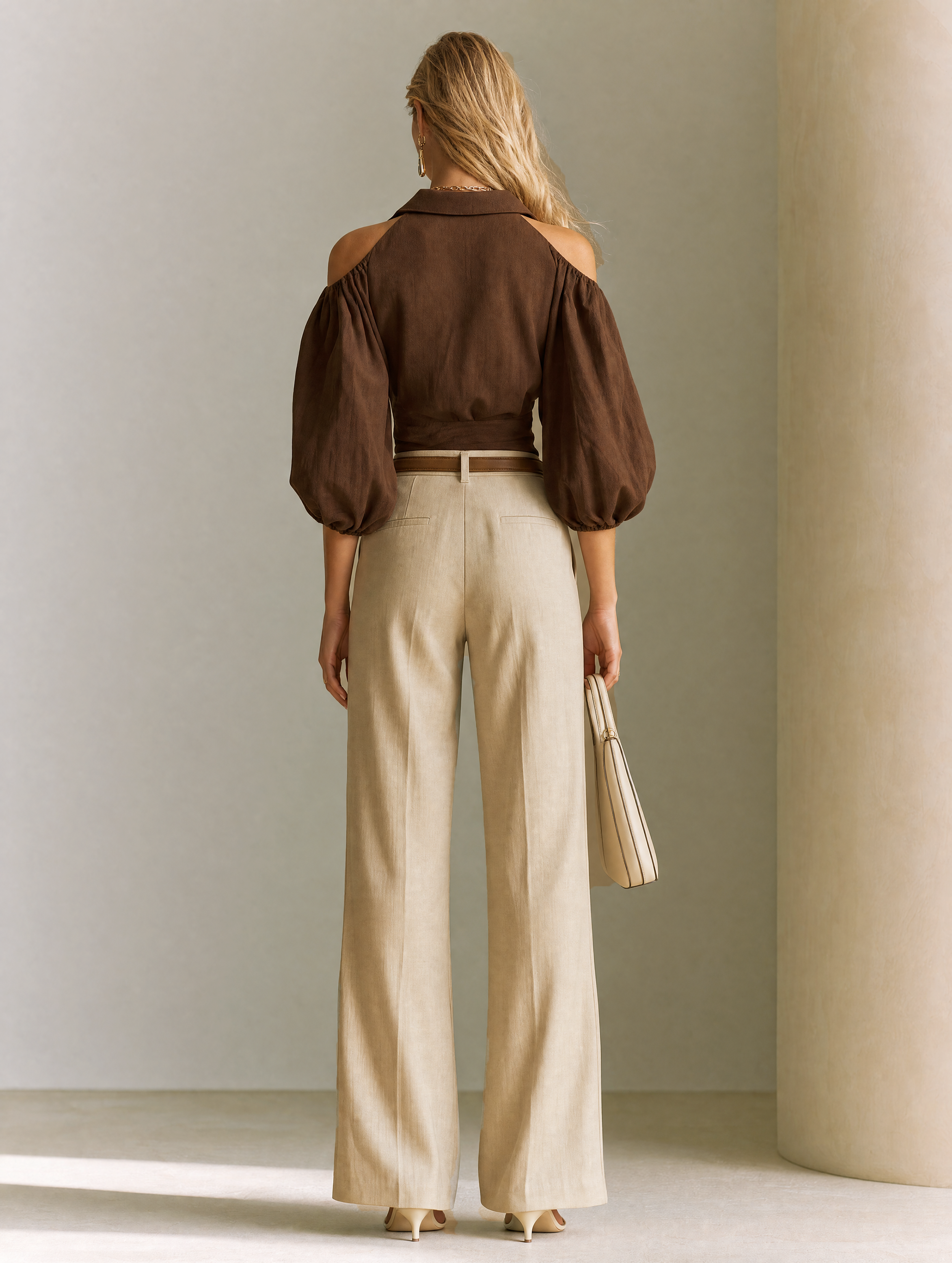 Elegant Brown Linen Blend Off-Shoulder Blouse And Beige Wide Leg Suit Pants Set