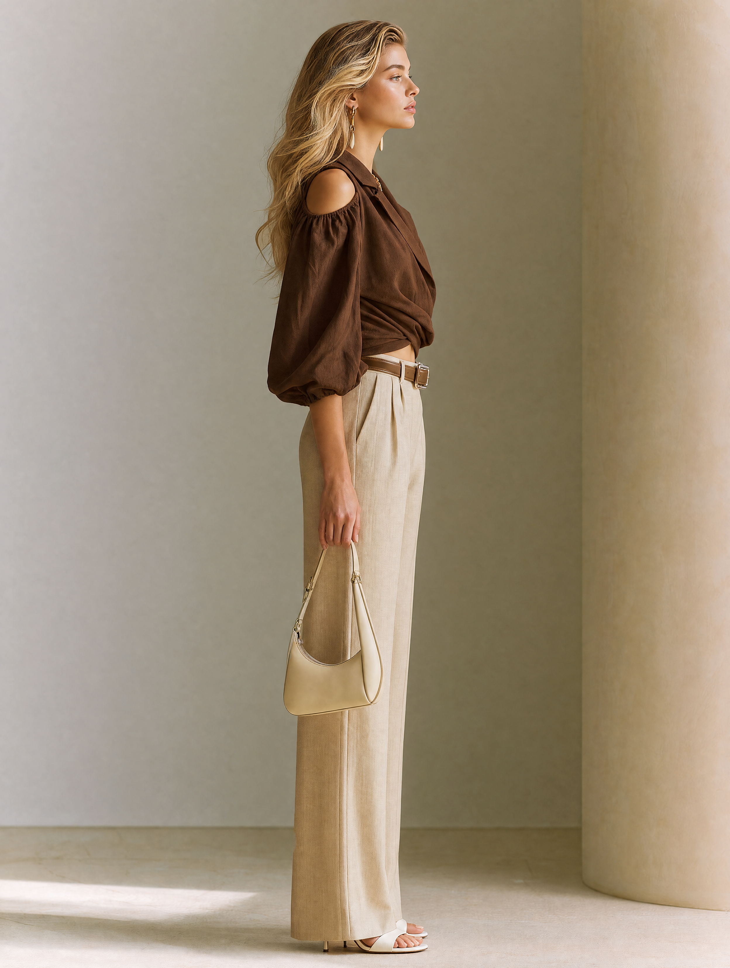 Elegant Brown Linen Blend Off-Shoulder Blouse And Beige Wide Leg Suit Pants Set