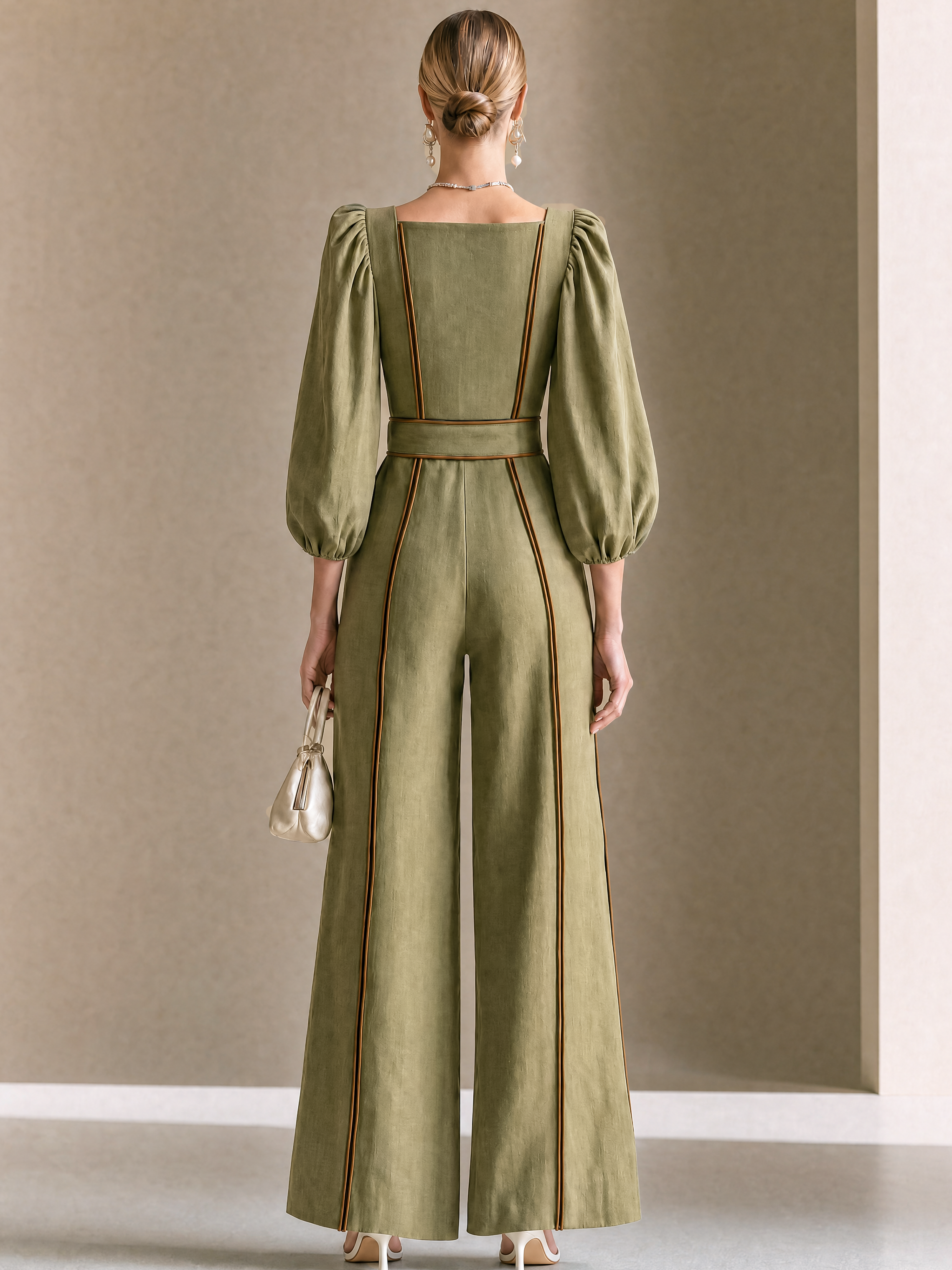 Elegant Olive Green Linen Blend Square Neck Jumpsuit