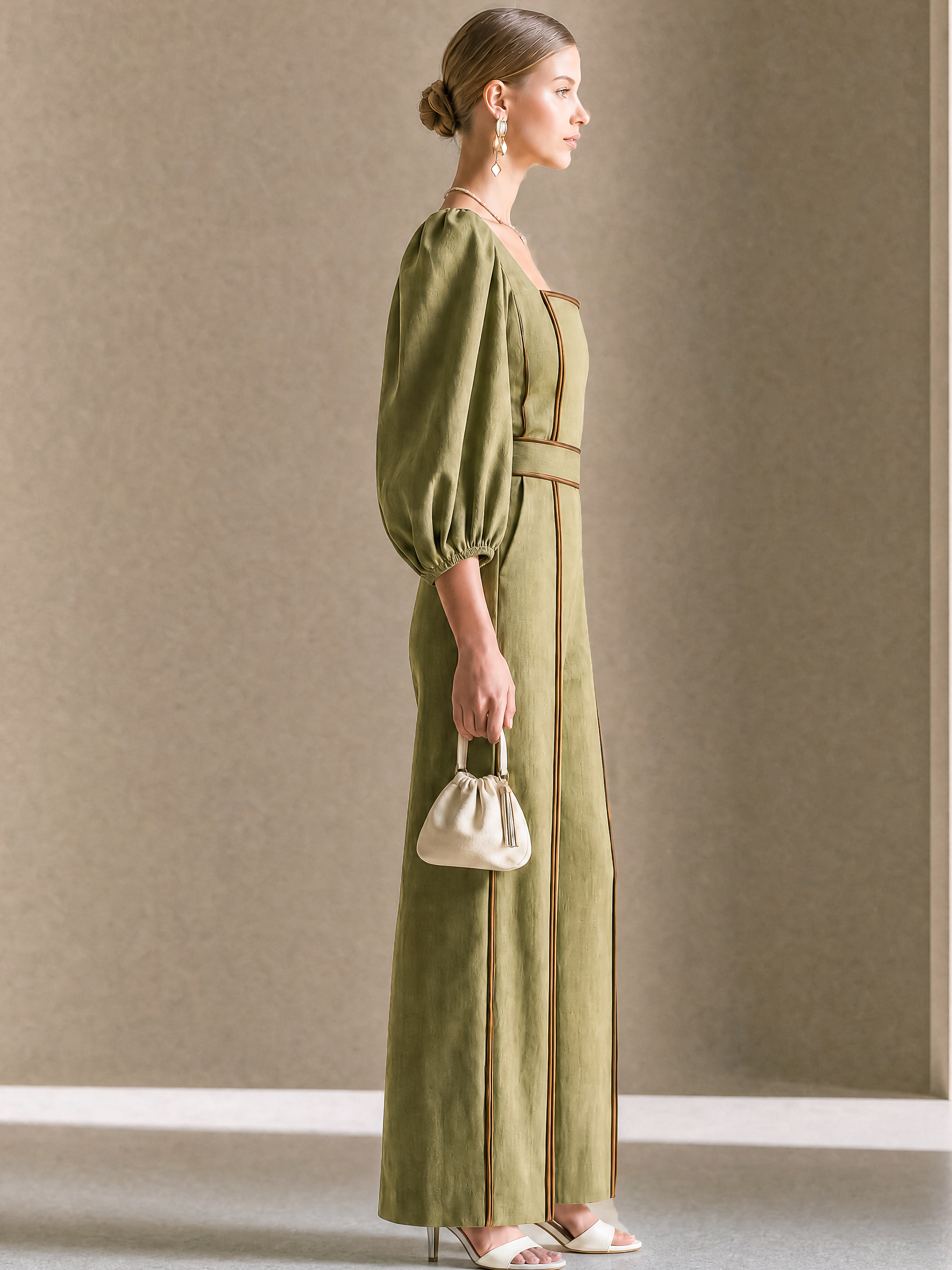 Elegant Olive Green Linen Blend Square Neck Jumpsuit