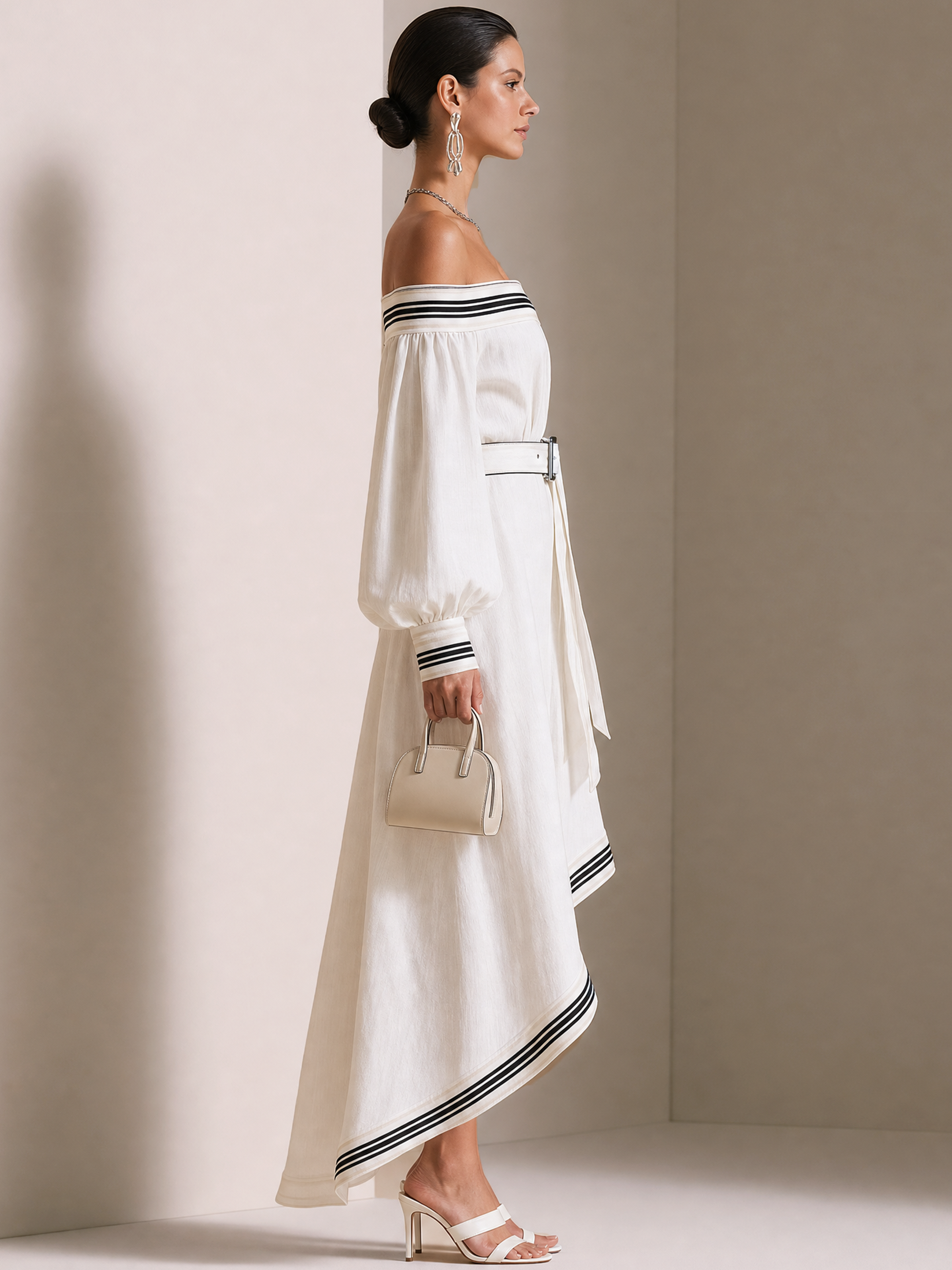 Elegant White Linen Blend Off-Shoulder Long Sleeve Maxi Dress