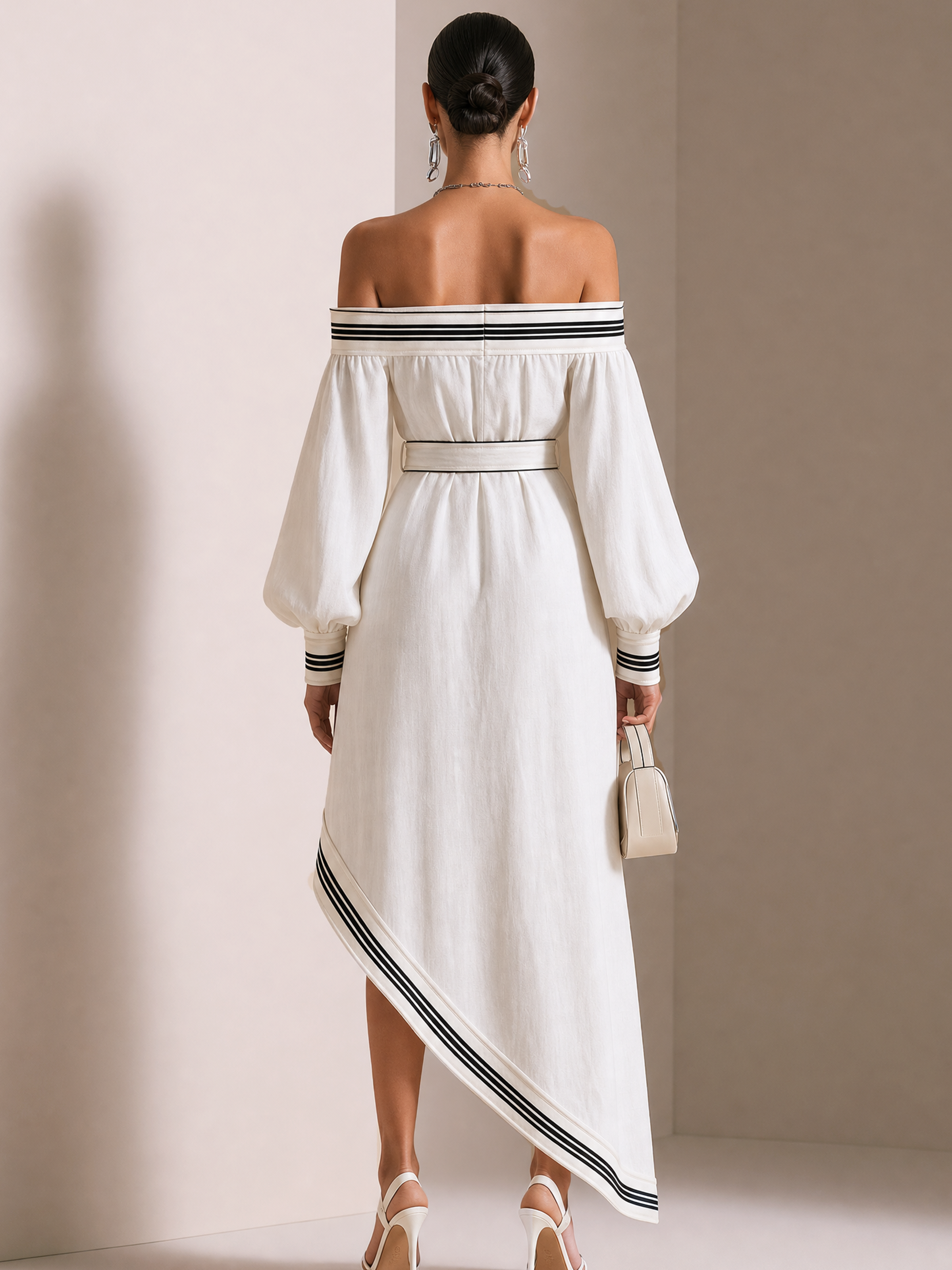Elegant White Linen Blend Off-Shoulder Long Sleeve Maxi Dress