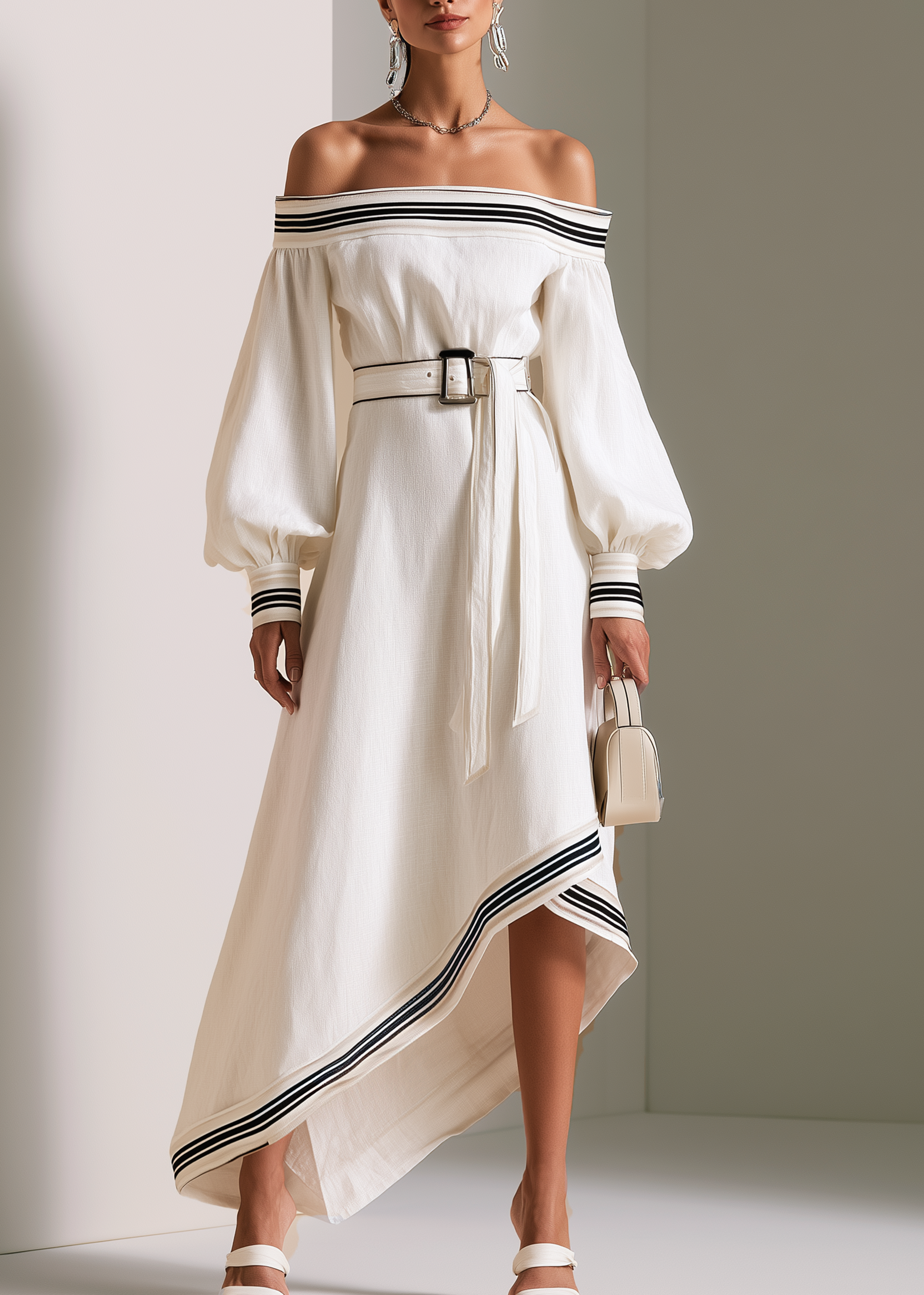 Elegant White Linen Blend Off-Shoulder Long Sleeve Maxi Dress