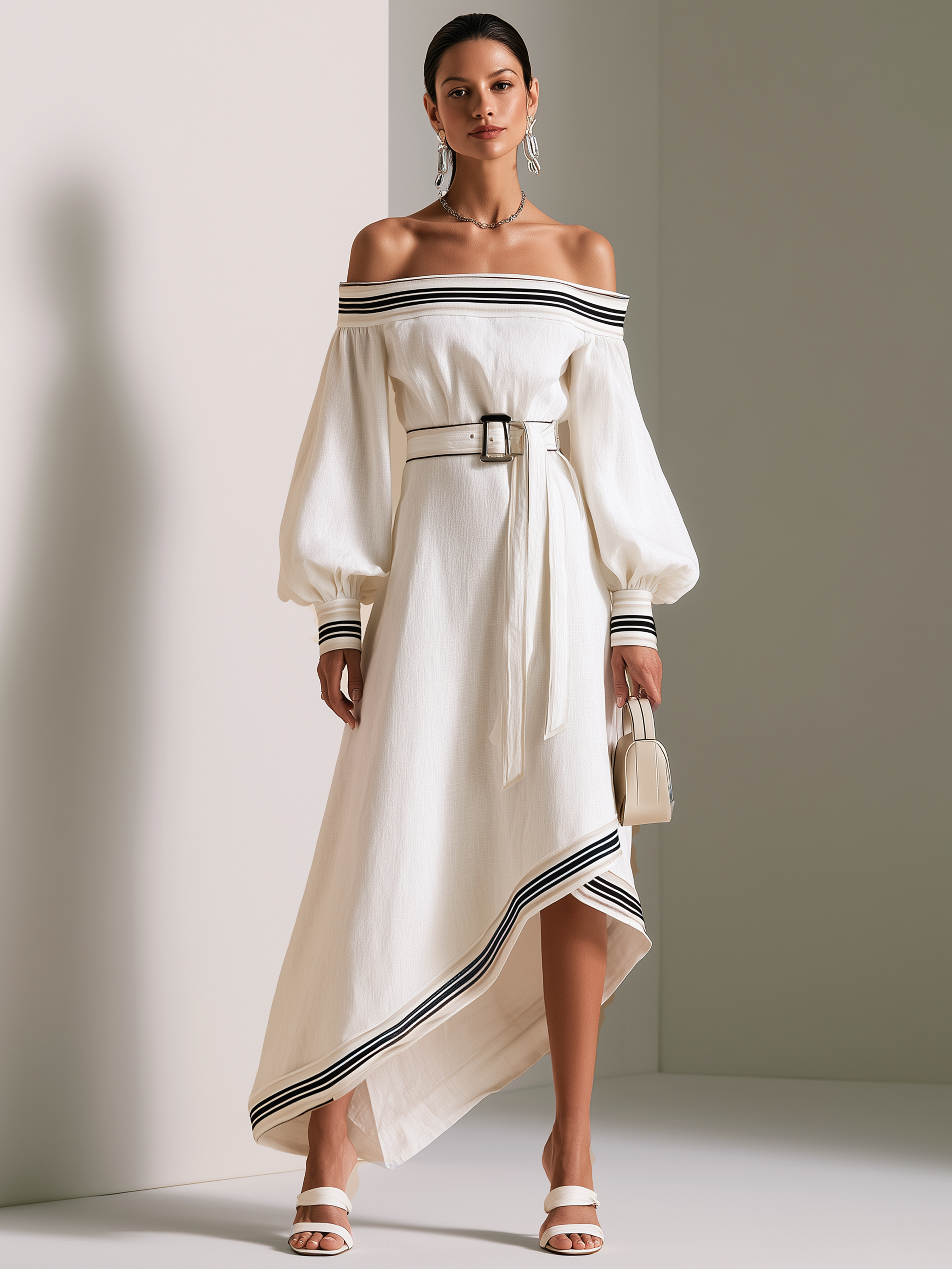 Elegant White Linen Blend Off-Shoulder Long Sleeve Maxi Dress