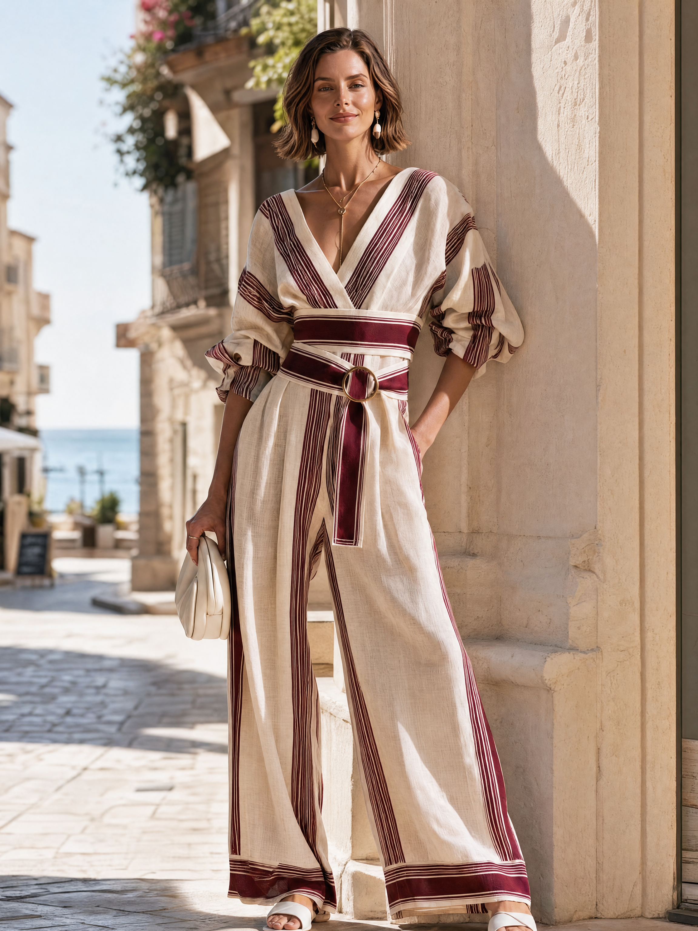 Elegant White And Burgundy Stripe Linen Blend Jumpsuit