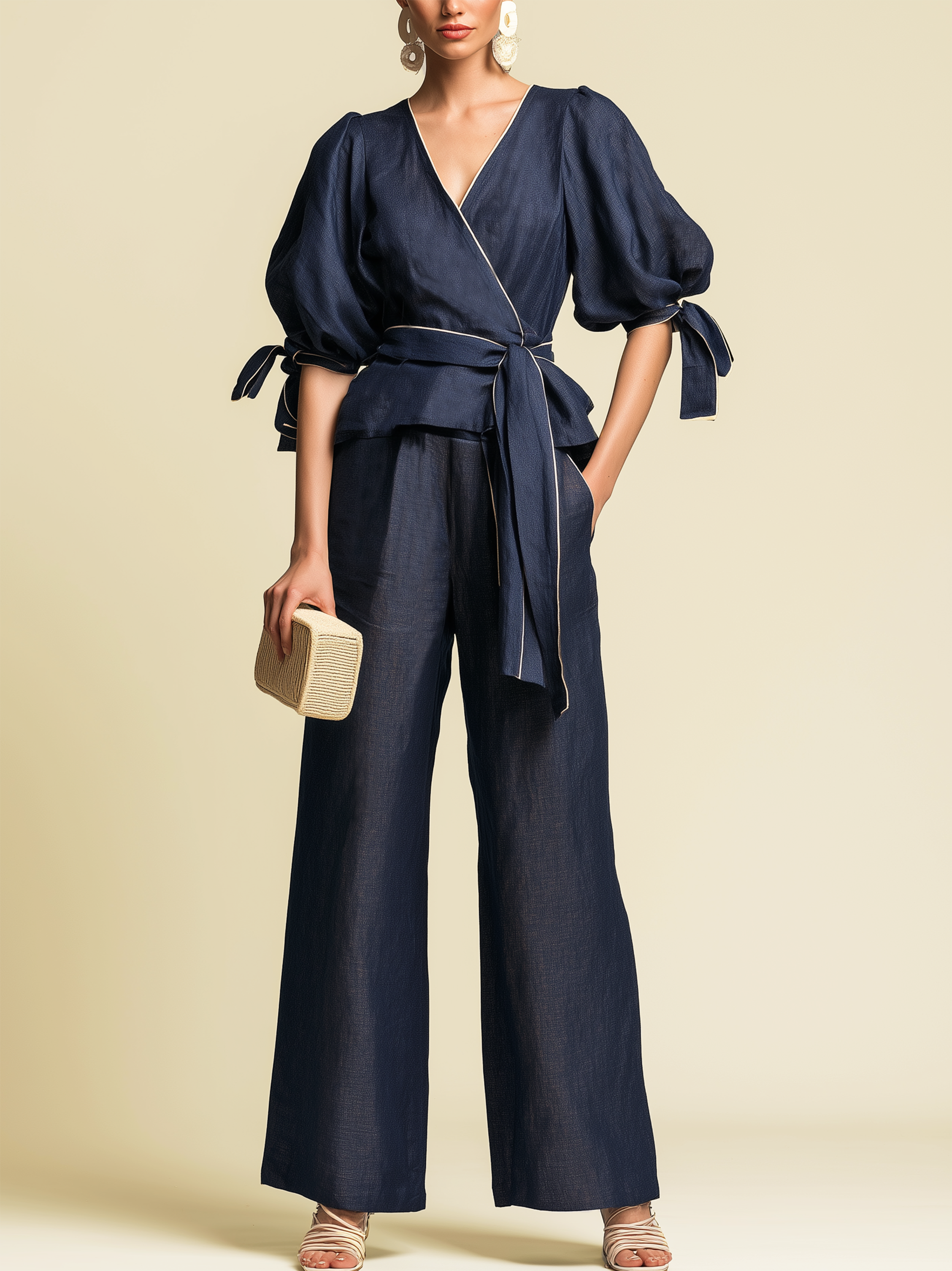 Navy Linen White Puff Sleeve Wrap Top Wide Leg Pants Two-Piece Set