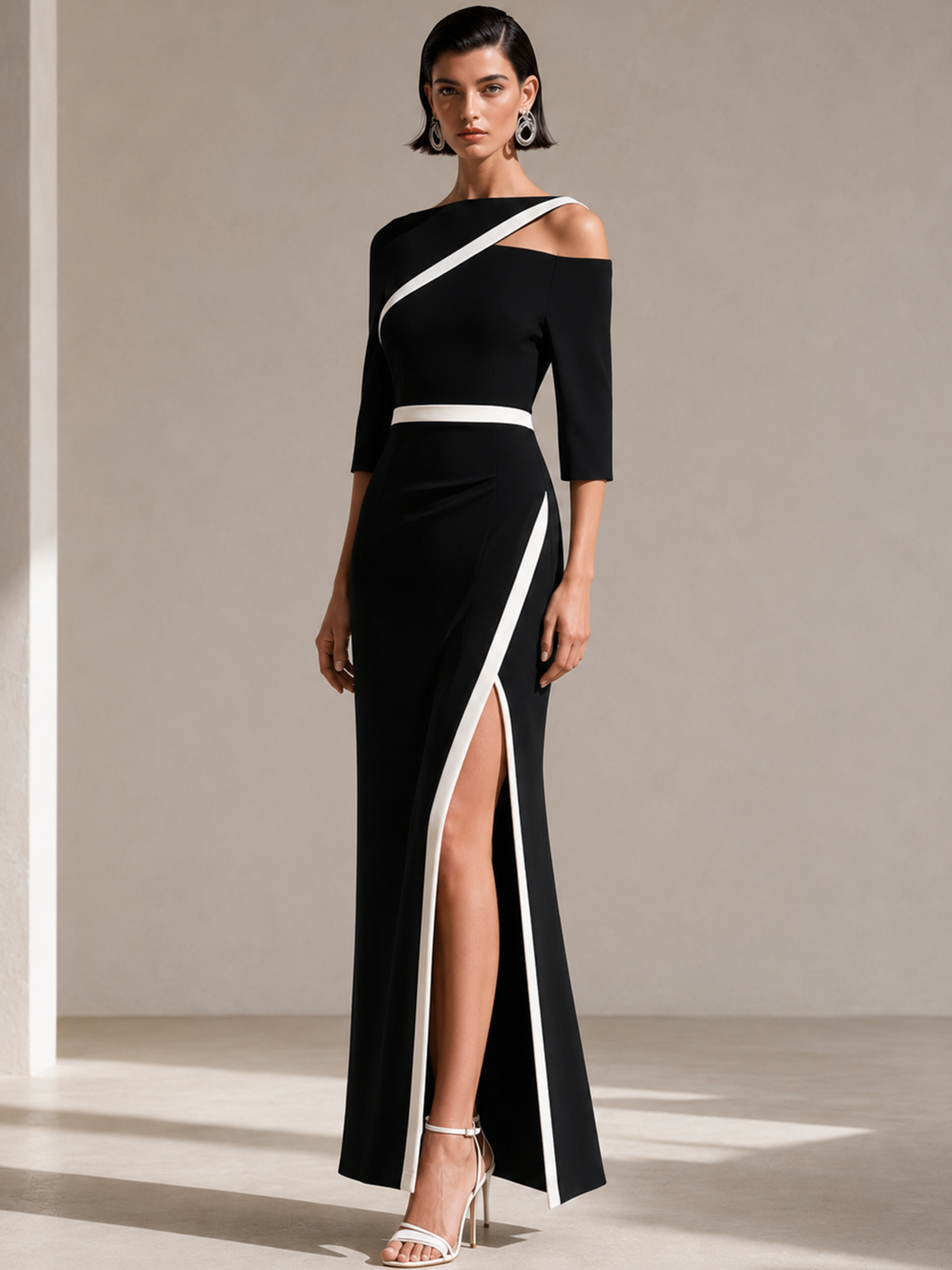 Black White Contrast Asymmetrical Cold Shoulder Slit Midi Dress