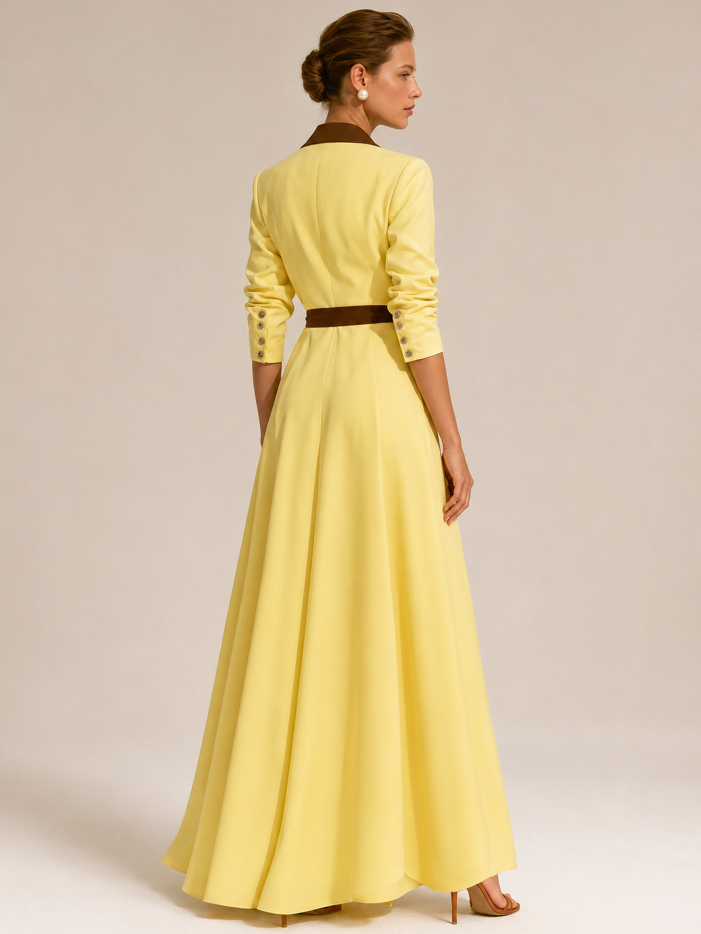 Yellow Brown Contrast Lapel Wrap Belt Slit Maxi Dress