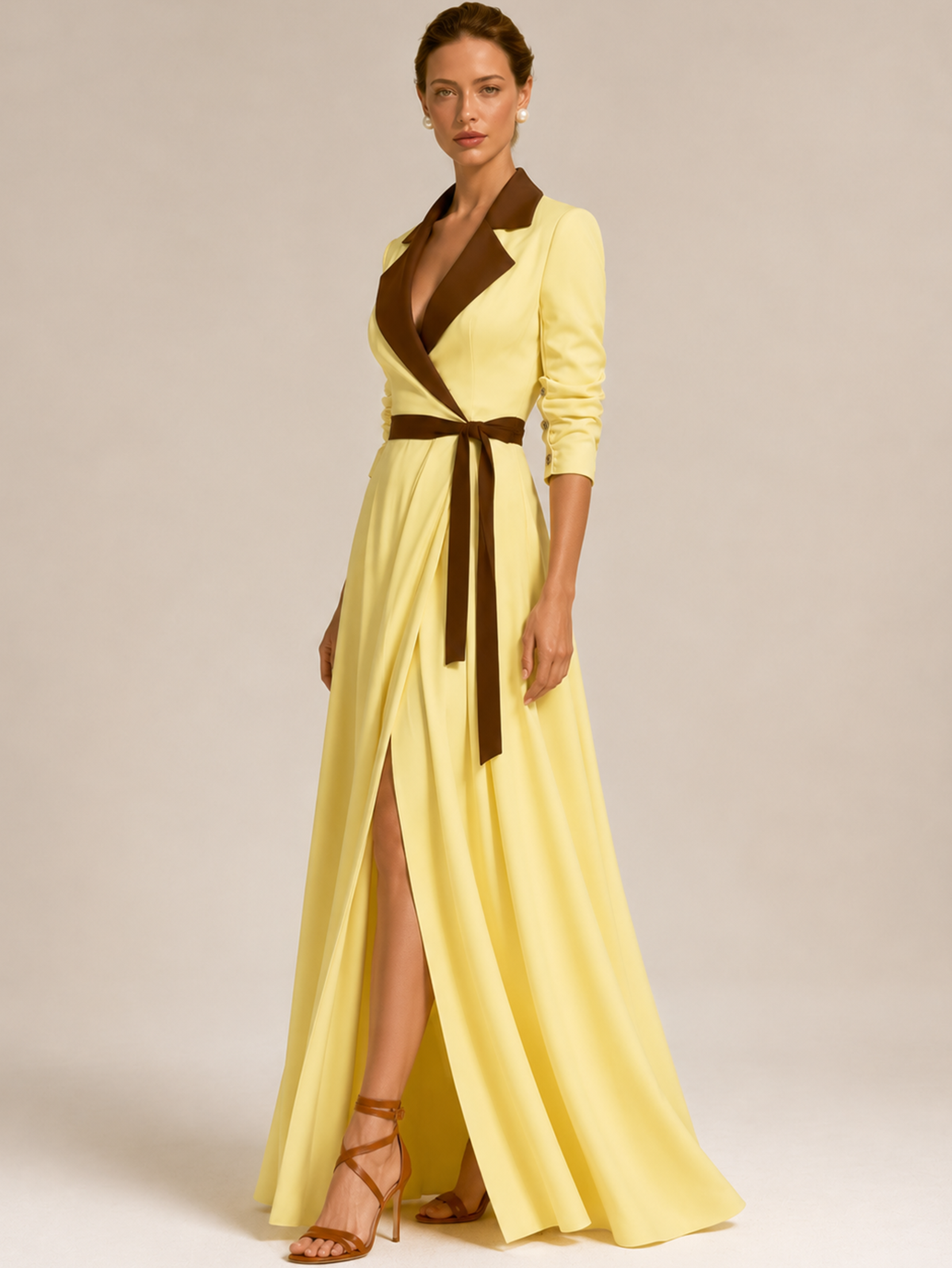Yellow Brown Contrast Lapel Wrap Belt Slit Maxi Dress