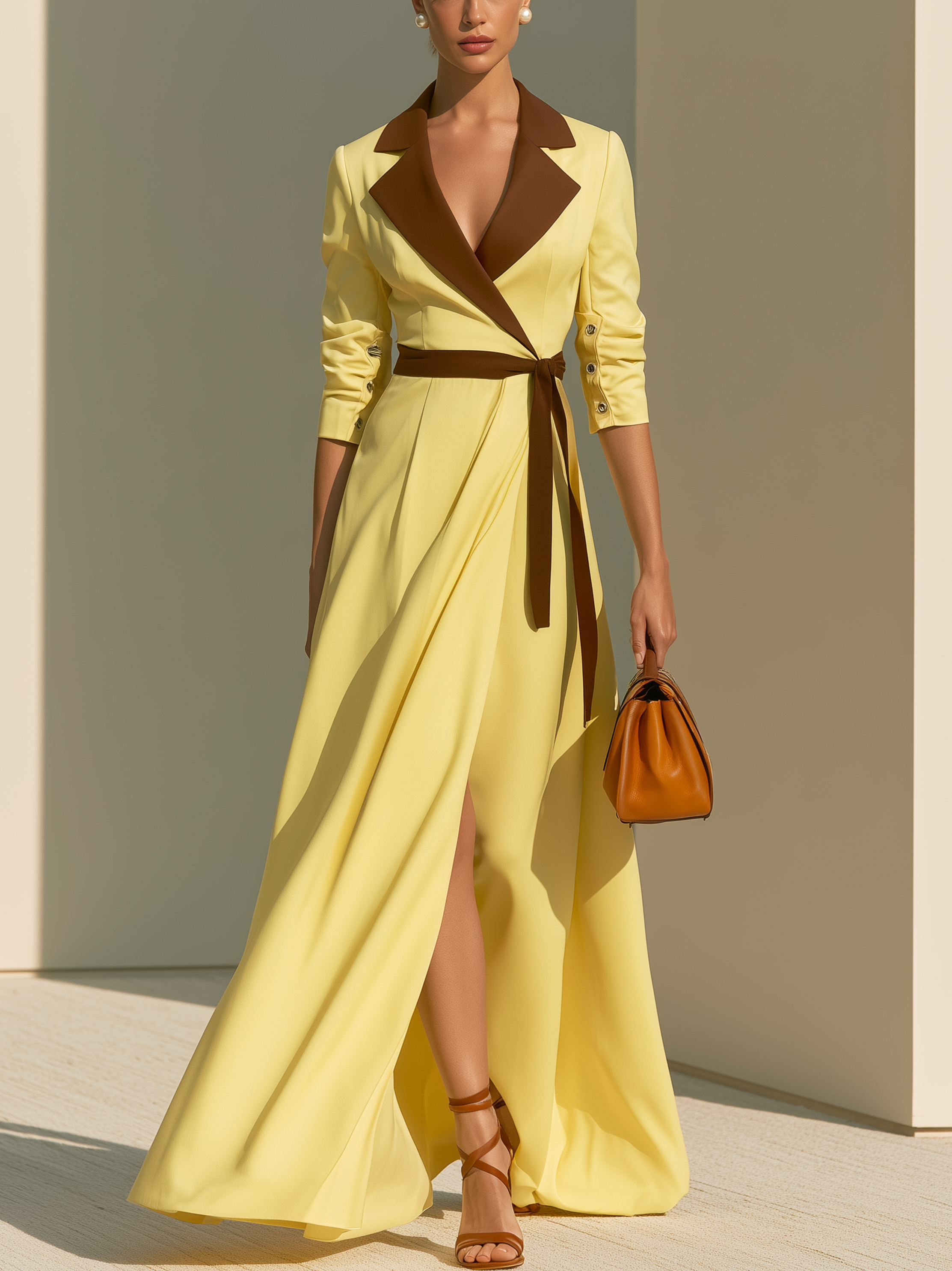 Yellow Brown Contrast Lapel Wrap Belt Slit Maxi Dress