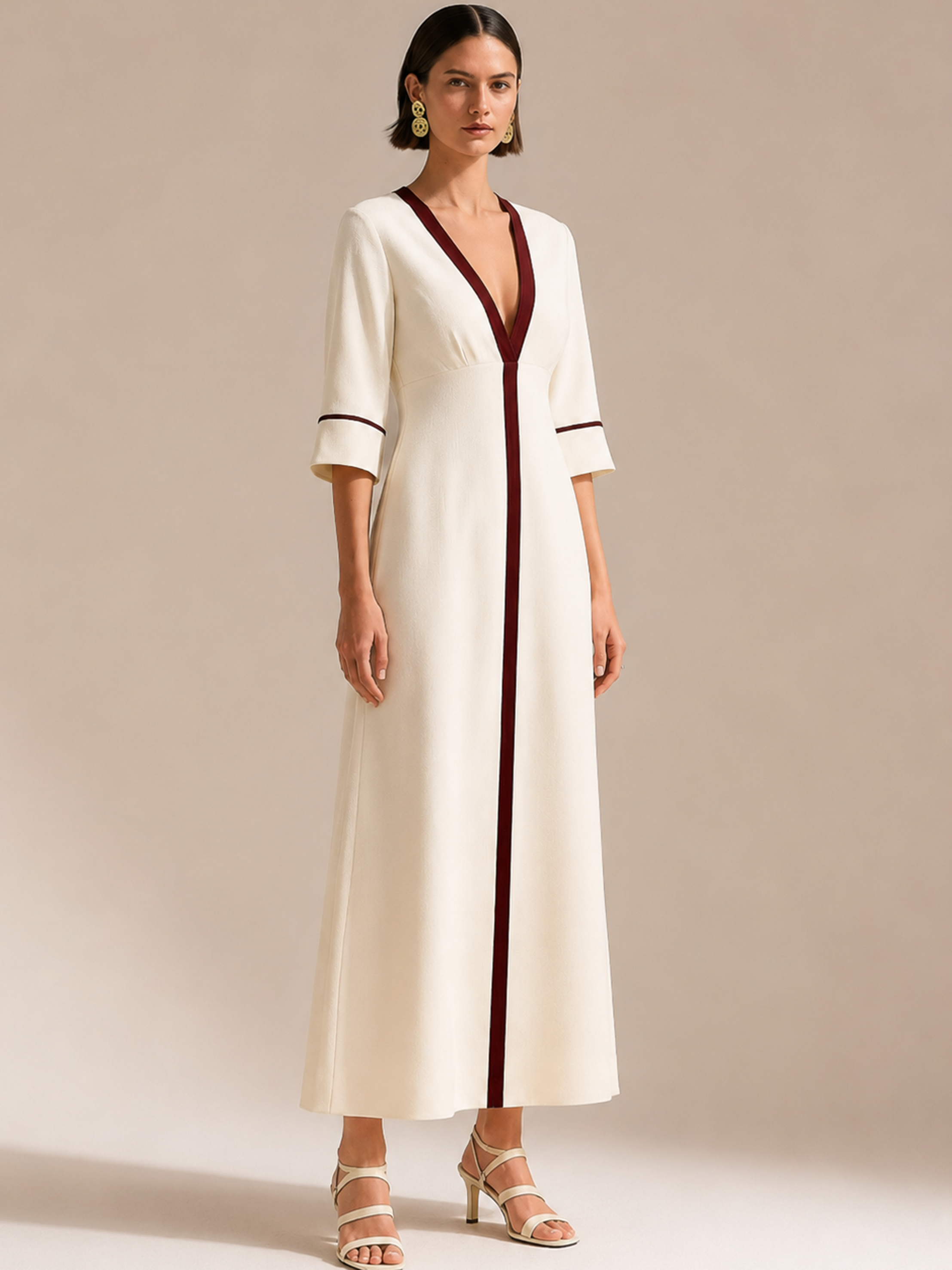 Cream Burgundy Contrast V-Neck Elbow Sleeve A-Line Maxi Dress