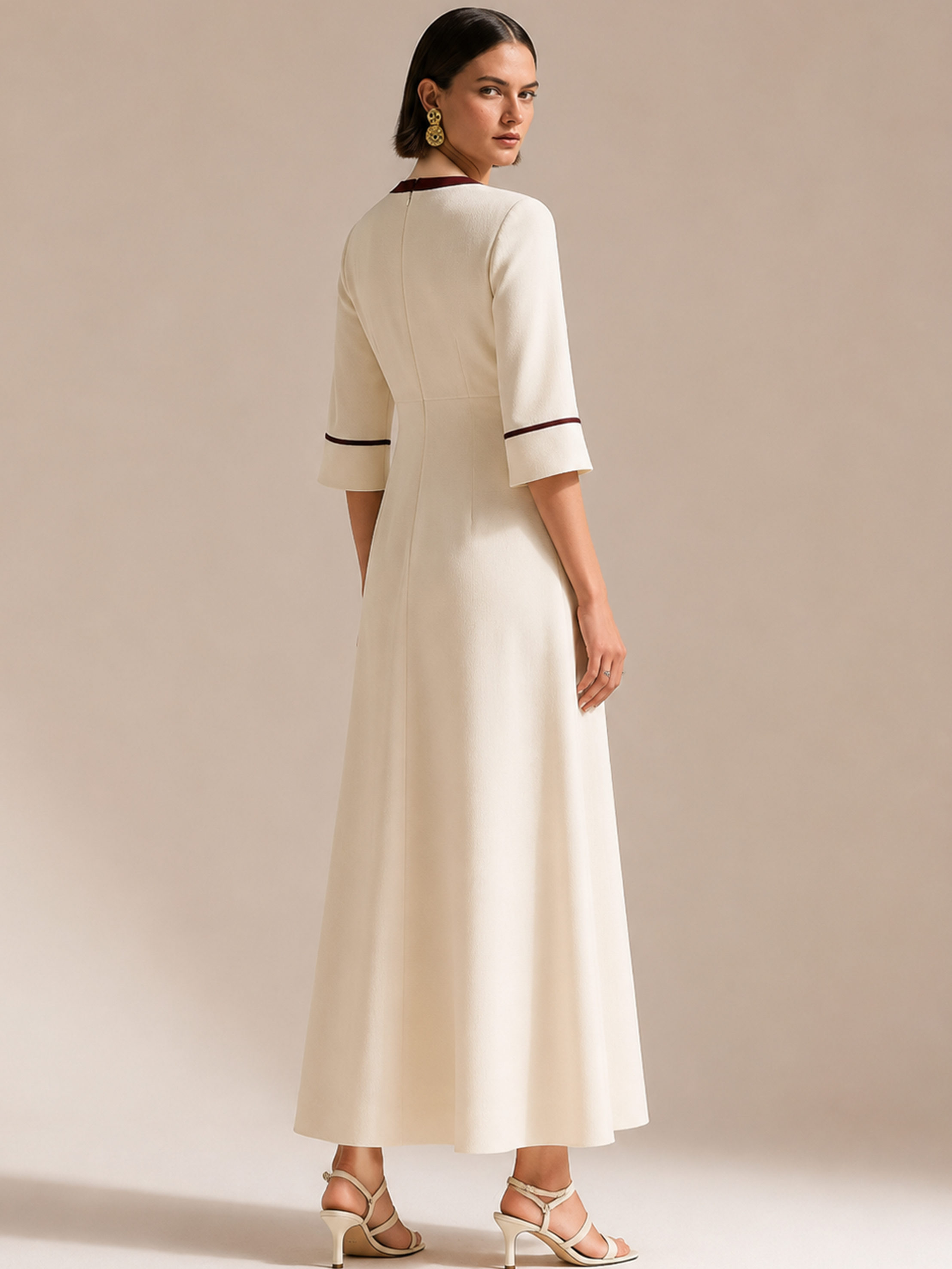 Cream Burgundy Contrast V-Neck Elbow Sleeve A-Line Maxi Dress