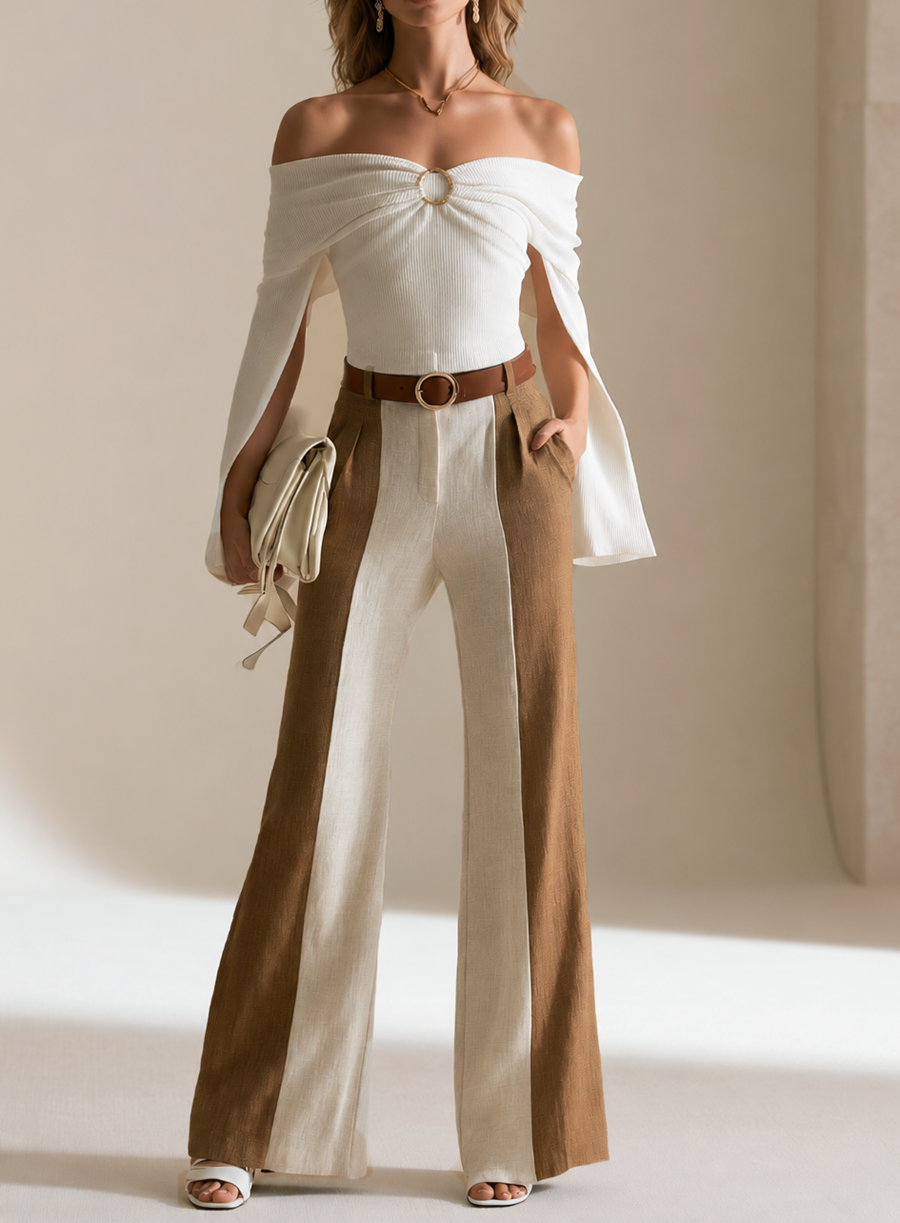 Elegant White Ribbed Knit Top And Brown Wide Leg Pants Set