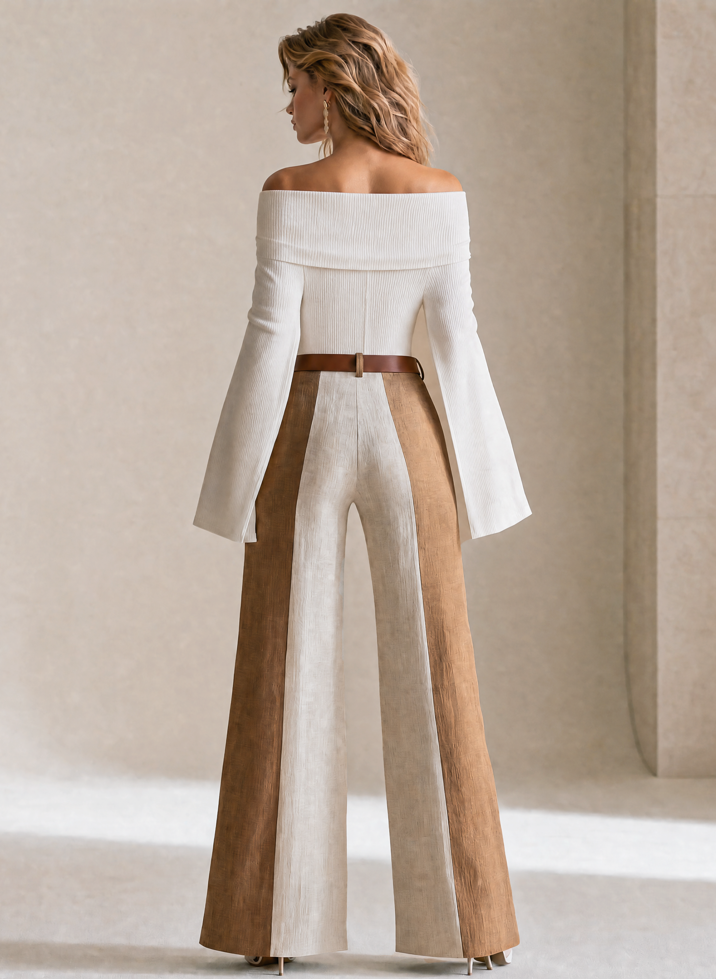 Elegant White Ribbed Knit Top And Brown Wide Leg Pants Set